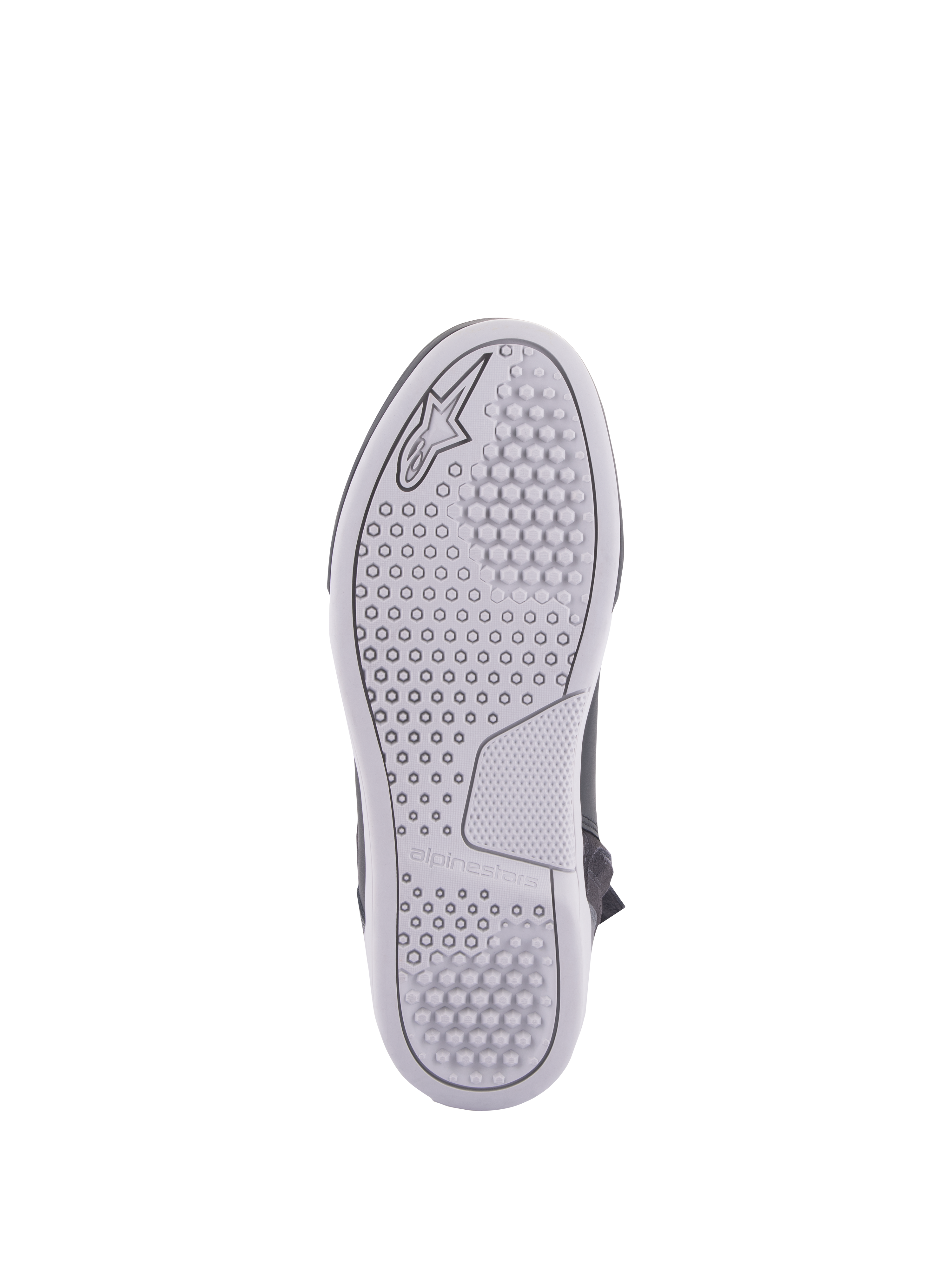 Alpinestars Chrome Drystar® Shoes, miejskie buty motocyklowe, widok podeszwy, jasnoszara gumowa podeszwa z heksagonalnym i okrągłym wzorem bieżnika, wytłoczone logo i nazwa marki Alpinestars