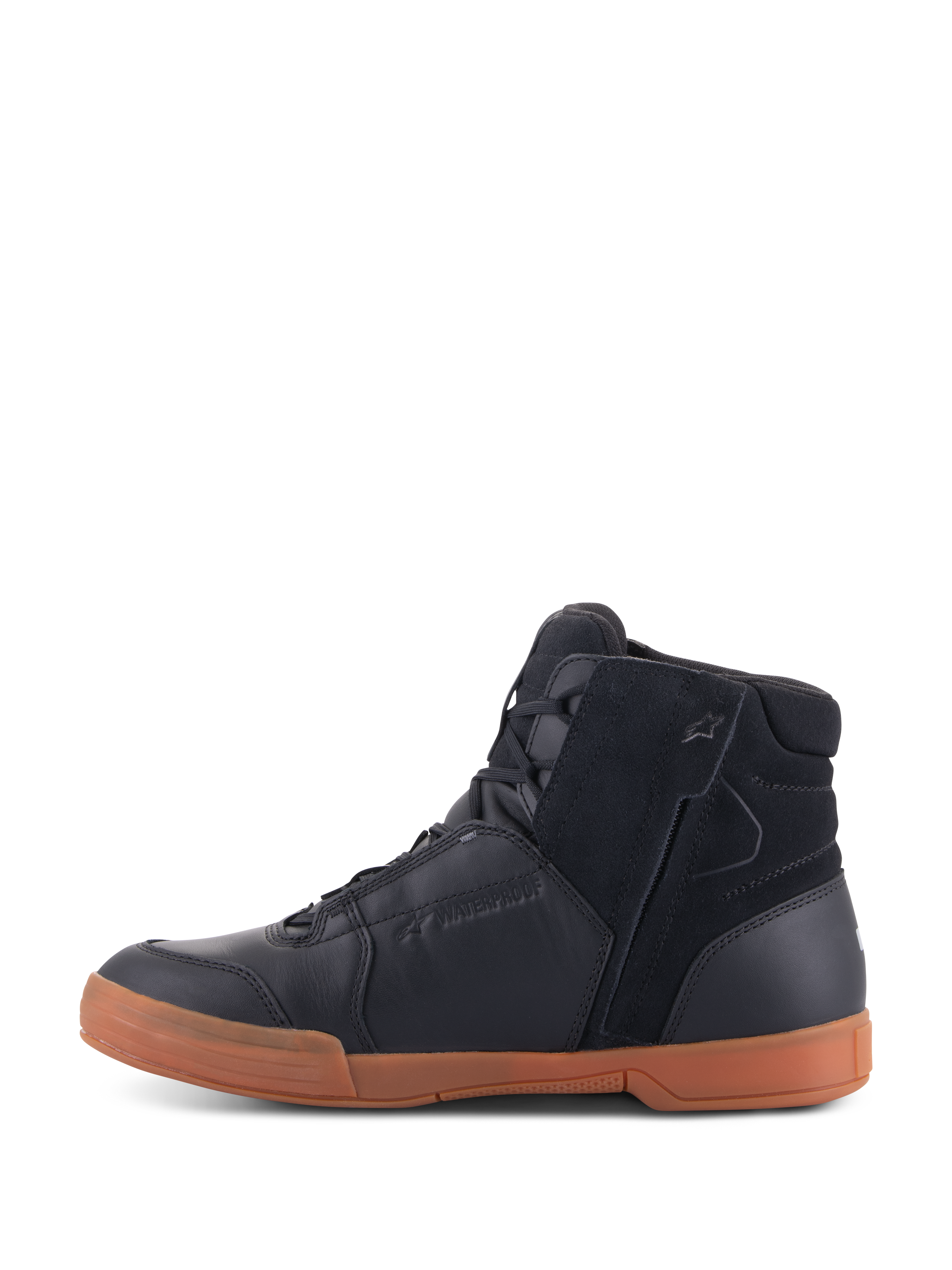 Alpinestars Chrome Drystar® Shoes, Black Black Gum, urban motorcycle footwear featuring a black leather and suede upper, high-top sneaker profile, gum-colored rubber sole, and side zipper entry.
