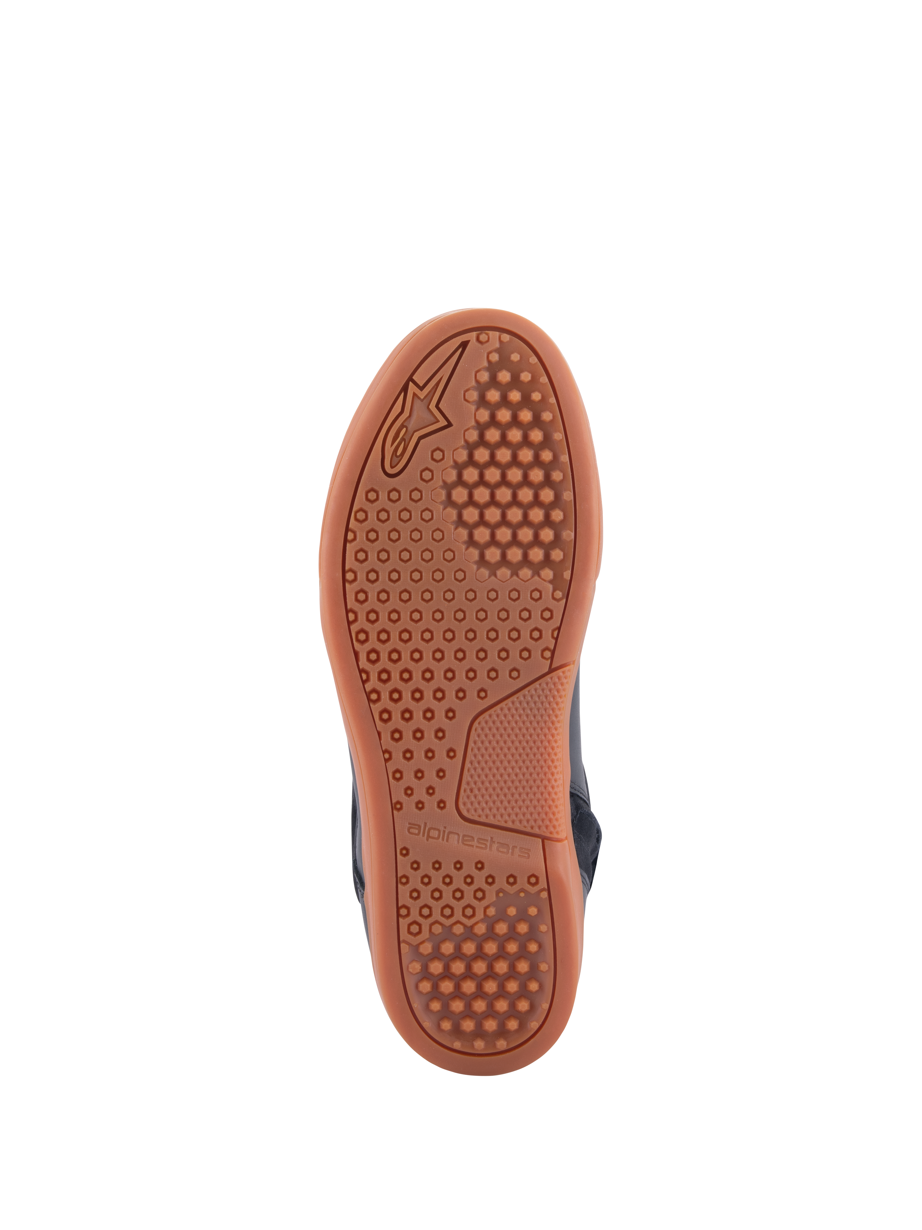 Alpinestars Chrome Drystar® Shoes, sole view, gum-colored rubber outsole with hexagonal grip pattern, urban casual motorcycle footwear, Black Black Gum colorway