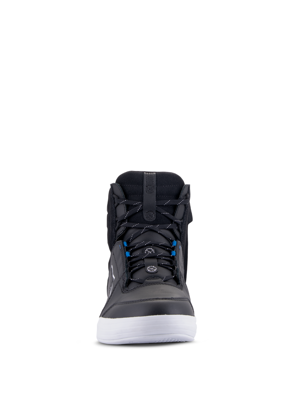Buty Alpinestars Chrome Drystar®, miejskie buty motocyklowe, czarno-biało-niebieskie, widok z przodu przedstawiający czarną skórzaną cholewkę, białą podeszwę i niebieskie akcenty przy sznurowadłach, codzienny fason za kostkę do jazdy miejskiej