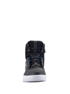 Buty Alpinestars Chrome Drystar®, miejskie buty motocyklowe, czarno-biało-niebieskie, widok z przodu przedstawiający czarną skórzaną cholewkę, białą podeszwę i niebieskie akcenty przy sznurowadłach, codzienny fason za kostkę do jazdy miejskiej