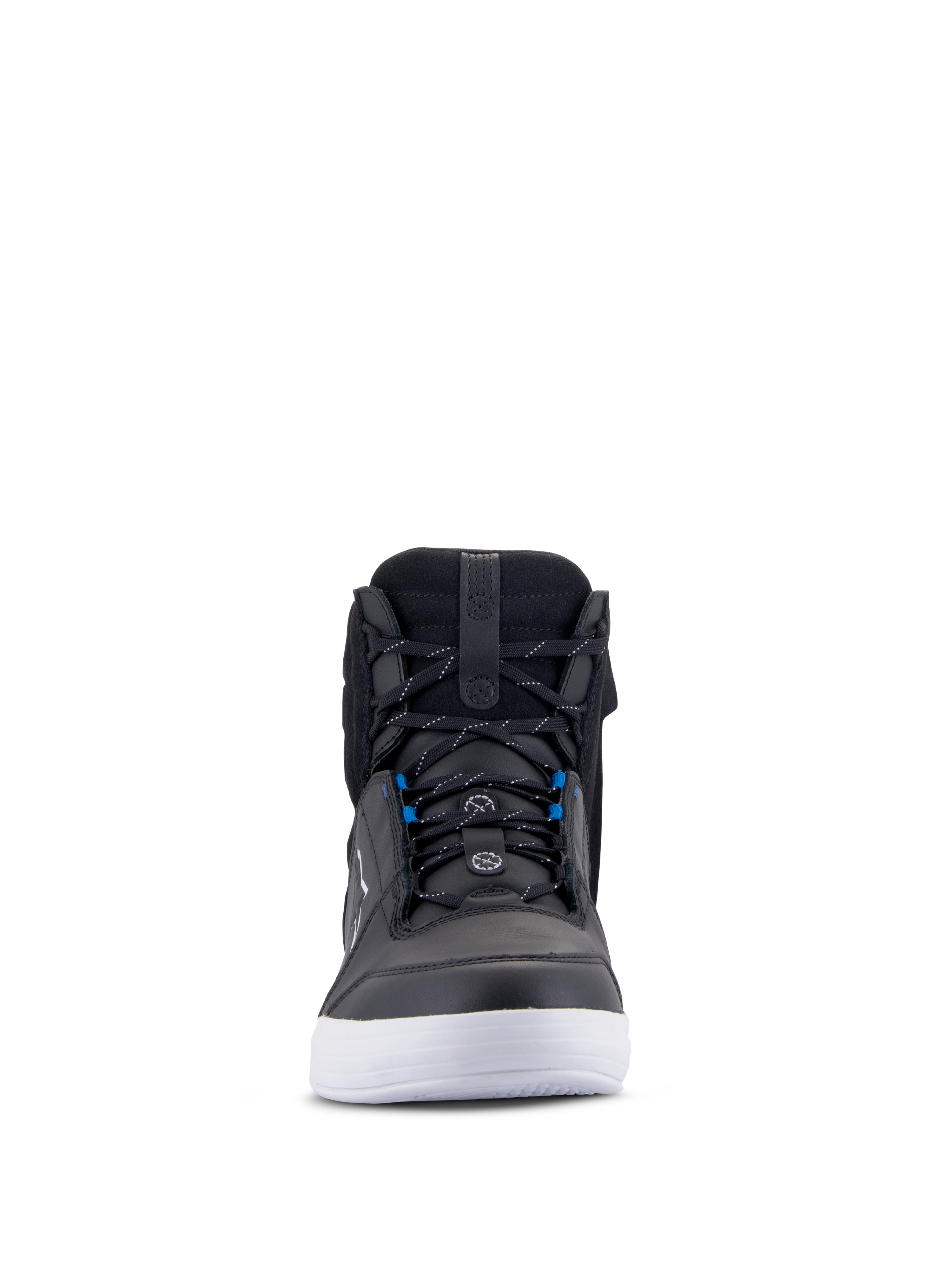 Buty Alpinestars Chrome Drystar®, miejskie buty motocyklowe, czarno-biało-niebieskie, widok z przodu przedstawiający czarną skórzaną cholewkę, białą podeszwę i niebieskie akcenty przy sznurowadłach, codzienny fason za kostkę do jazdy miejskiej