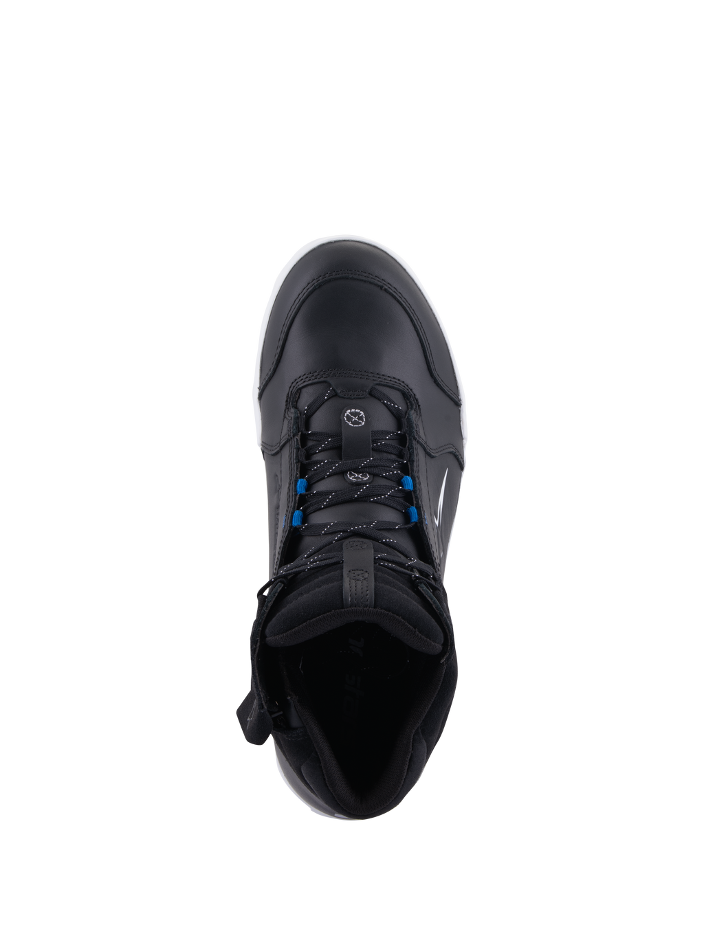 Buty Alpinestars Chrome Drystar®, miejskie buty motocyklowe, czarno-biało-niebieskie, widok z góry na czarne sznurowadła z niebieskimi akcentami, konstrukcja ze skóry premium, ochronny design w miejskim stylu