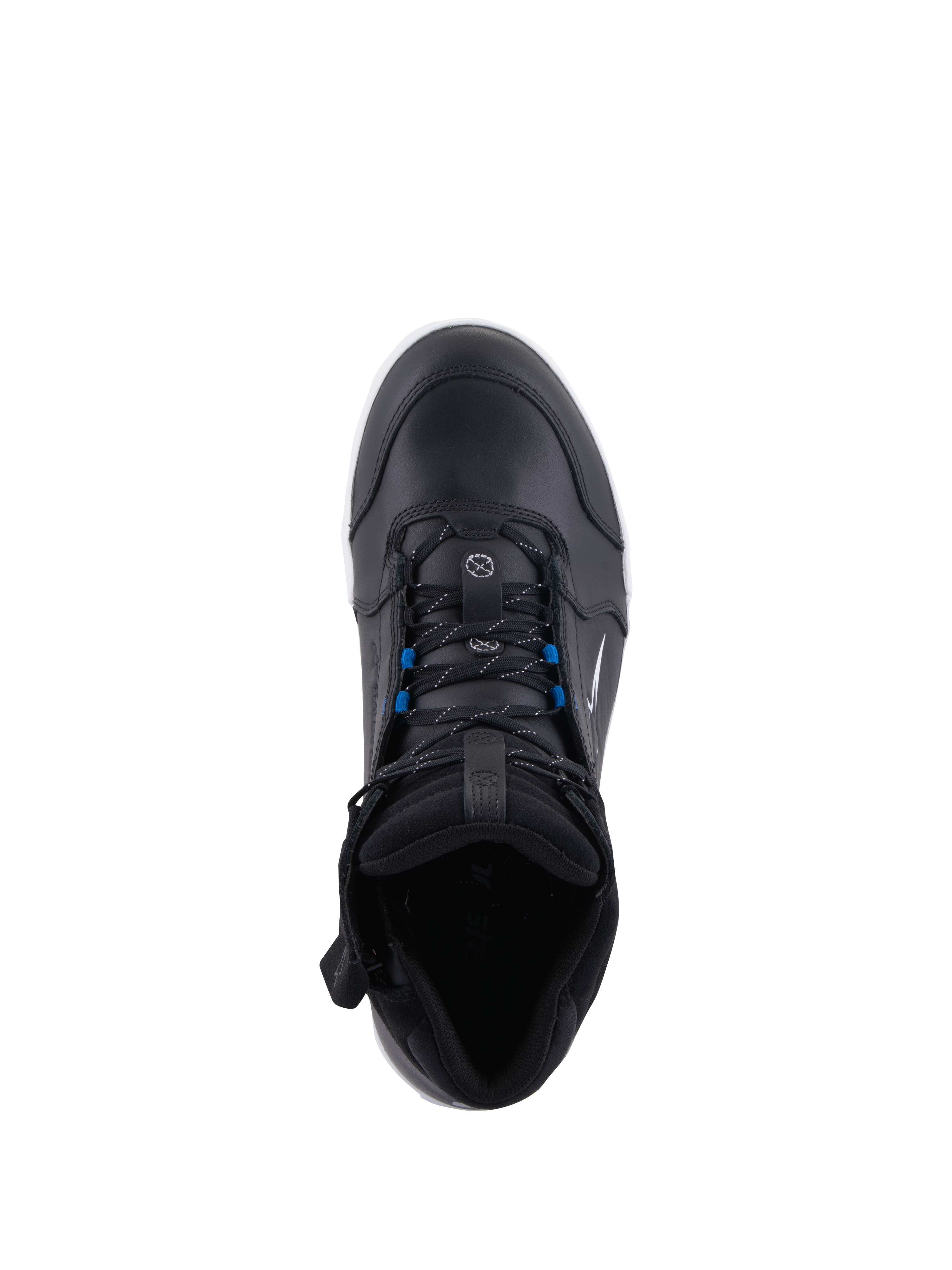 Buty Alpinestars Chrome Drystar®, miejskie buty motocyklowe, czarno-biało-niebieskie, widok z góry na czarne sznurowadła z niebieskimi akcentami, konstrukcja ze skóry premium, ochronny design w miejskim stylu
