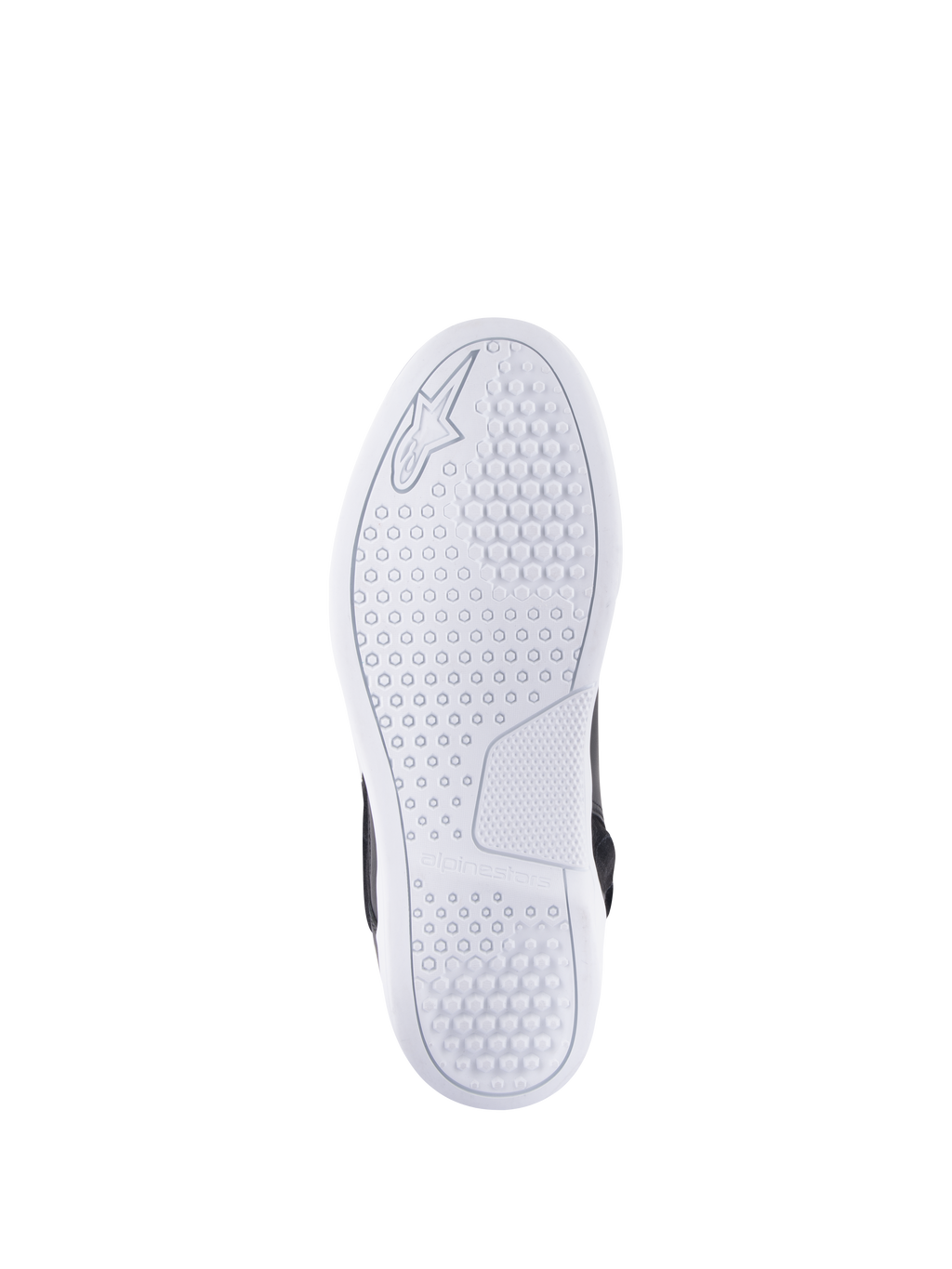 Buty Alpinestars Chrome Drystar®, widok od spodu podeszwy, biała, z sześciokątnym wzorem bieżnika zapewniającym przyczepność, wytłoczone logo i branding Alpinestars, codzienne miejskie buty motocyklowe