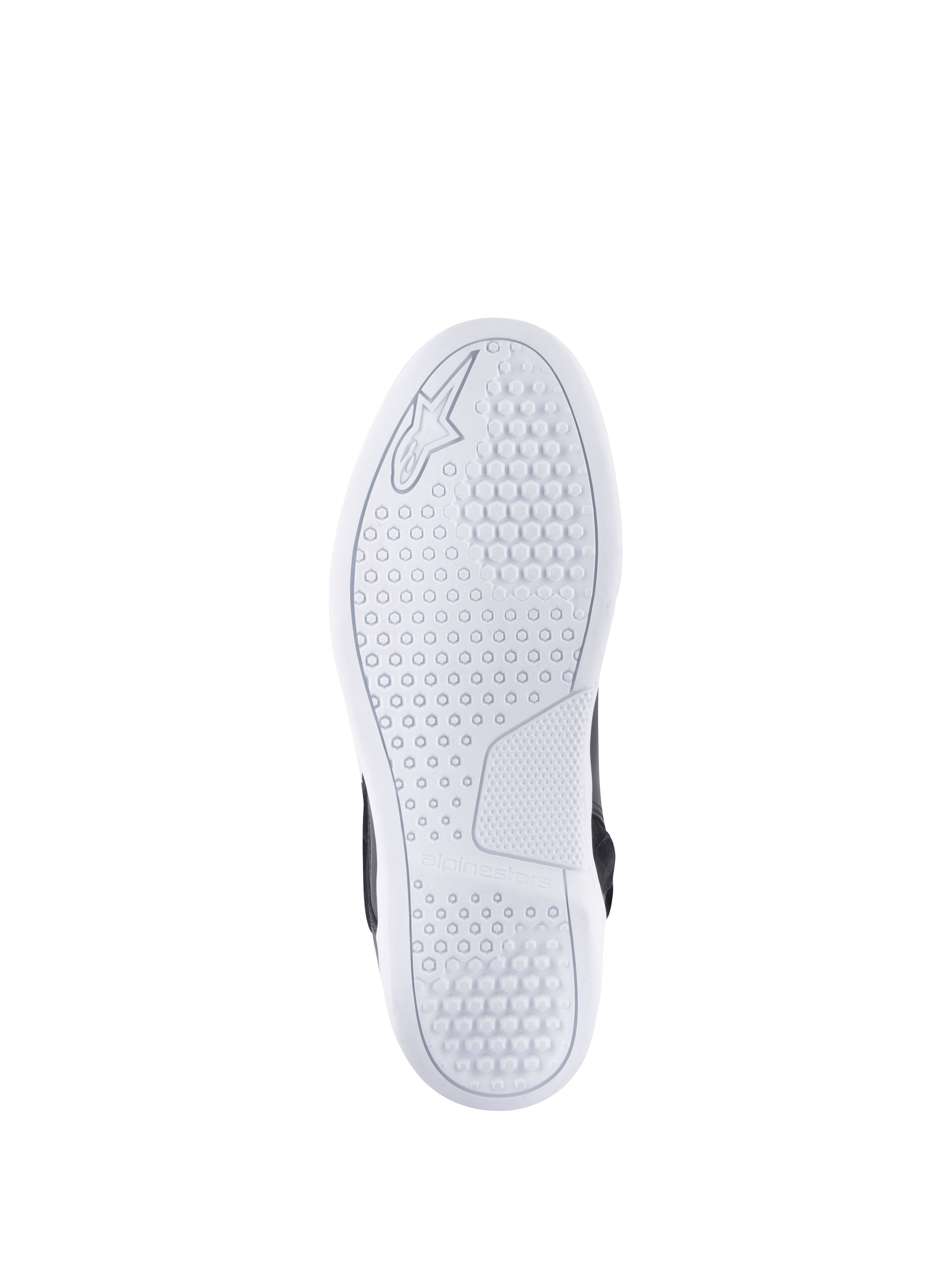 Buty Alpinestars Chrome Drystar®, widok od spodu podeszwy, biała, z sześciokątnym wzorem bieżnika zapewniającym przyczepność, wytłoczone logo i branding Alpinestars, codzienne miejskie buty motocyklowe