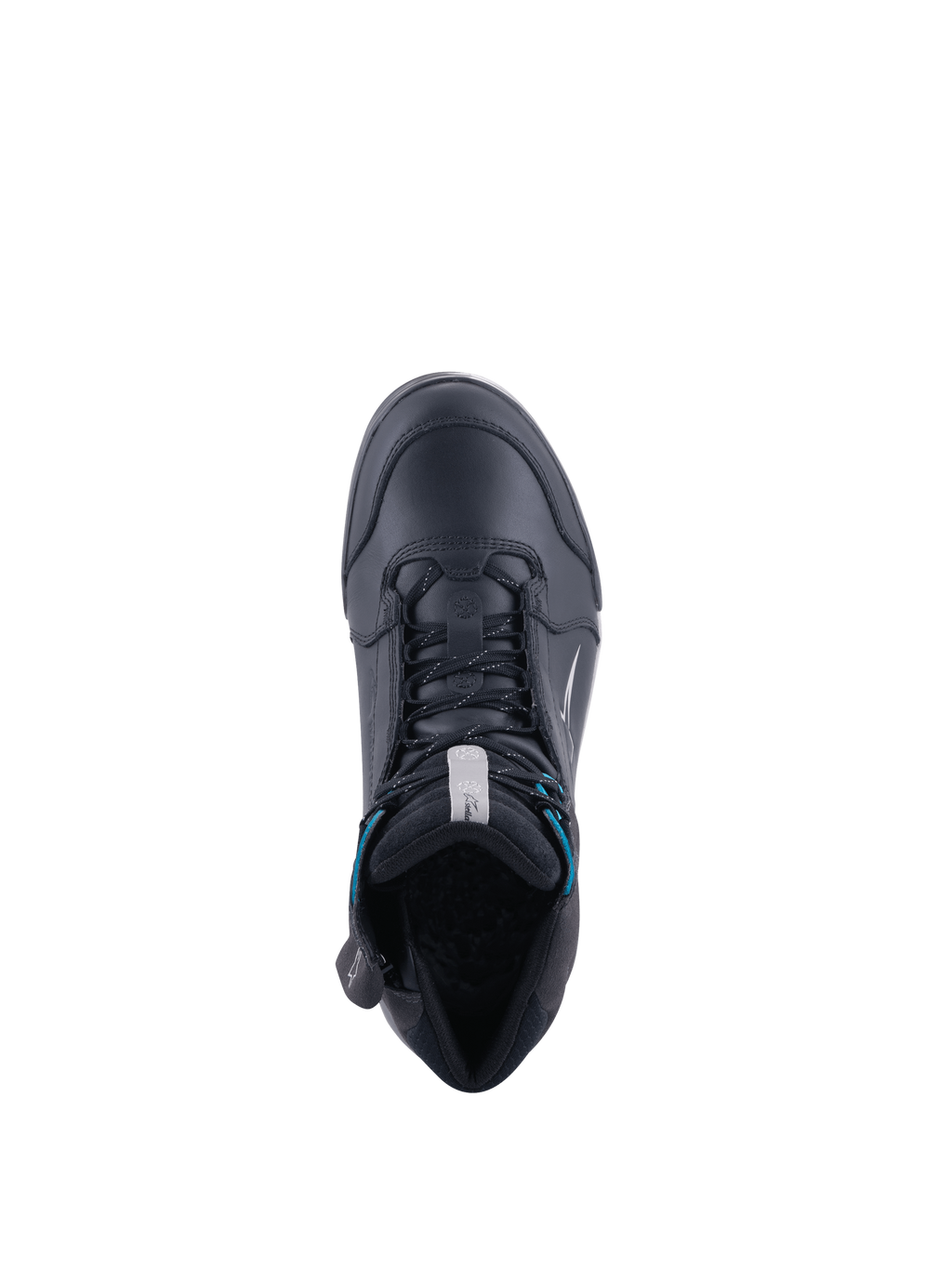 Alpinestars Chrome Women's Drystar Shoes, black waterproof motorcycle riding footwear with turquoise accents, top-down view.