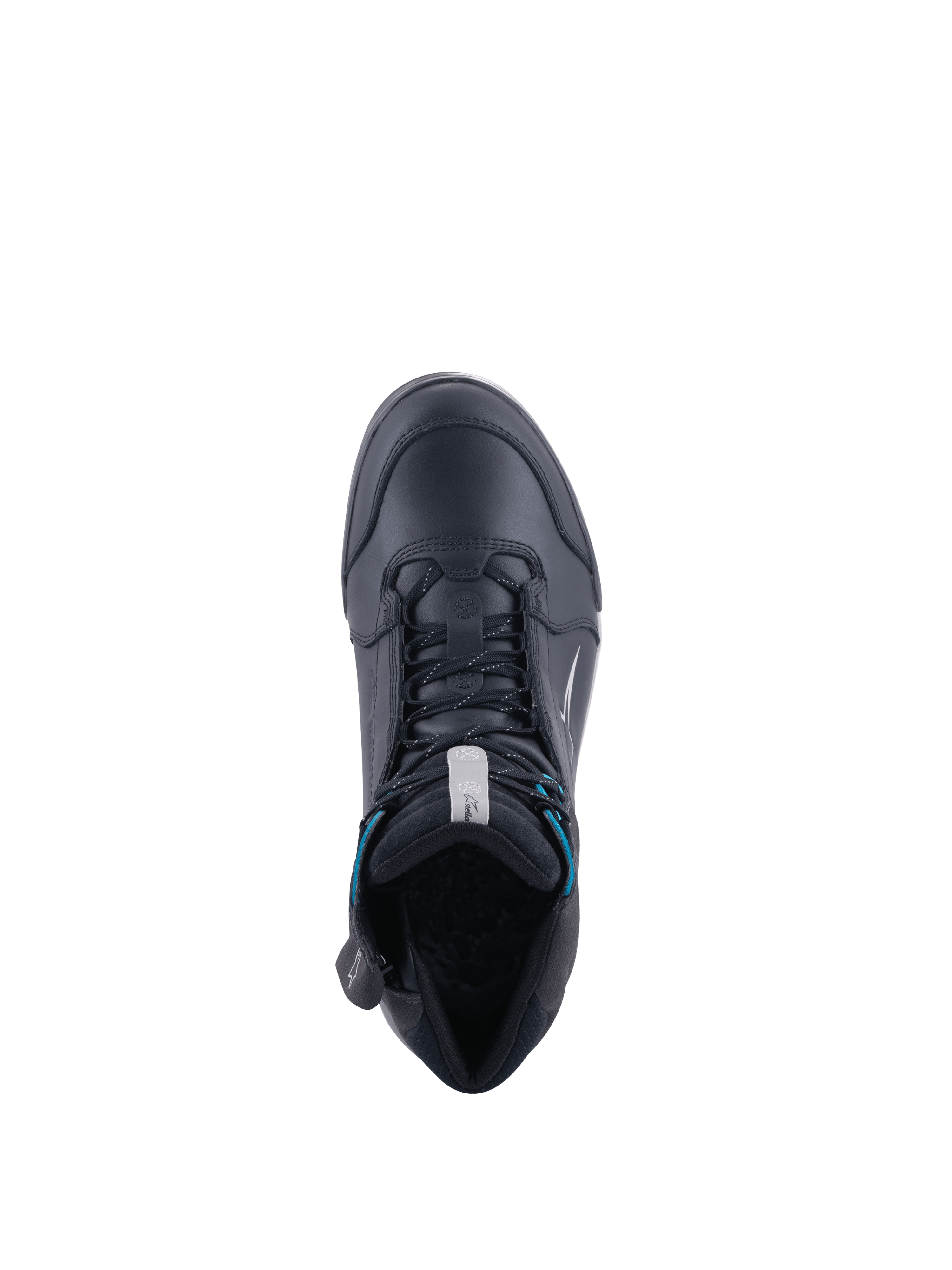 Alpinestars Chrome Women's Drystar Shoes, black waterproof motorcycle riding footwear with turquoise accents, top-down view.