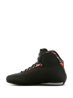 Buty Alpinestars Sektor Waterproof, buty motocyklowe, czarne, ciemnoszare i czerwone fluo, widok z profilu, wysoka konstrukcja, pasek z rzepem na kostce, wzmocniona nakładka pod dźwignię zmiany biegów oraz wzorzyste czerwone akcenty wokół kołnierza