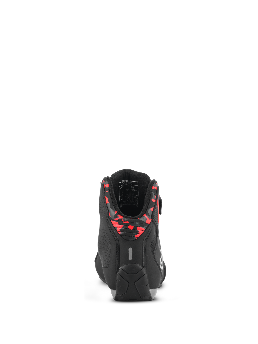 Alpinestars Sektor Waterproof Shoes, buty motocyklowe, czarne, ciemnoszare i czerwone fluo, widok z tyłu pokazujący wzorzysty kołnierz pięty, odblaskowy element i wytrzymałą gumową podeszwę, lekka konstrukcja z mikrofibry