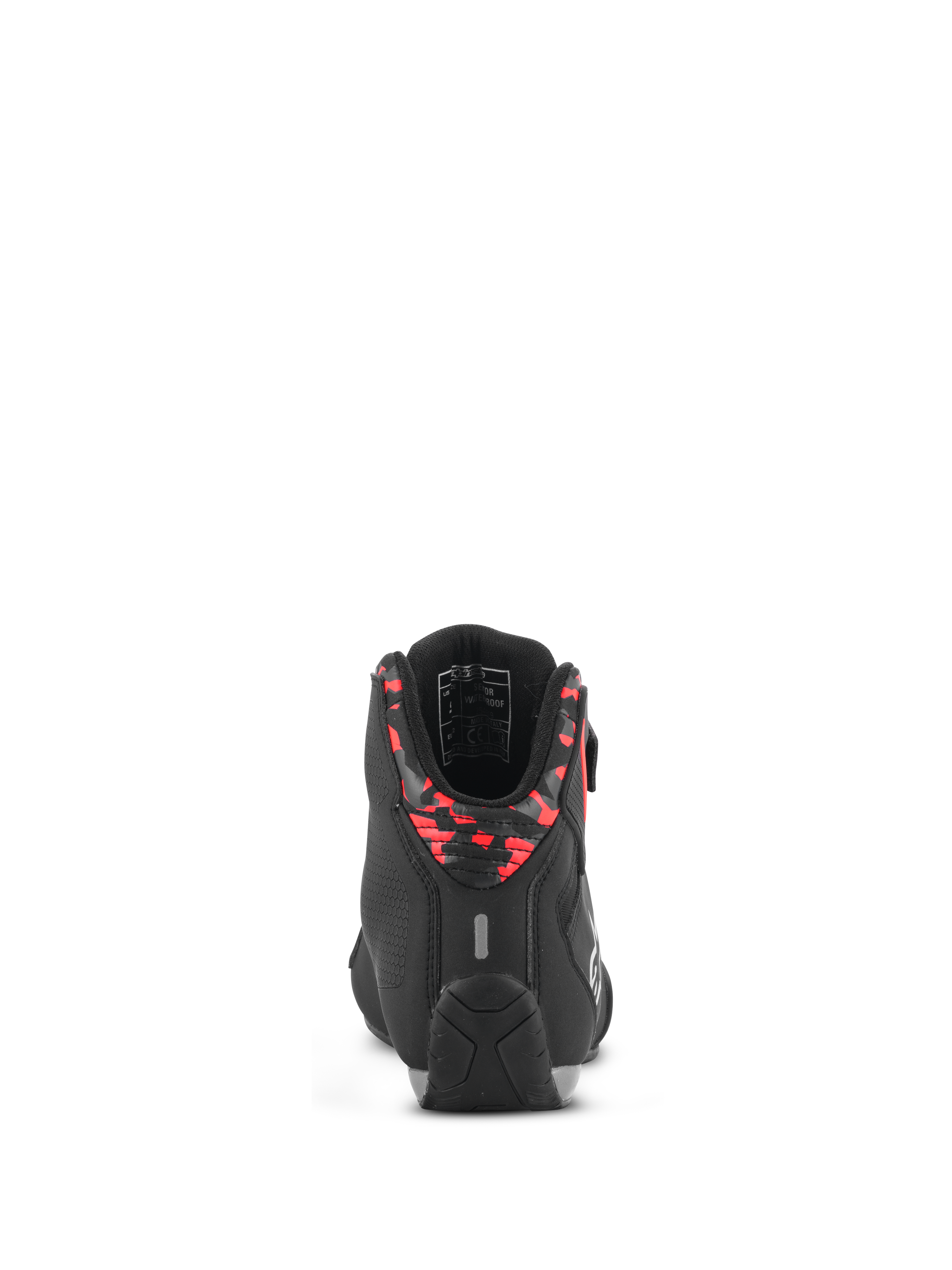Alpinestars Sektor Waterproof Shoes, buty motocyklowe, czarne, ciemnoszare i czerwone fluo, widok z tyłu pokazujący wzorzysty kołnierz pięty, odblaskowy element i wytrzymałą gumową podeszwę, lekka konstrukcja z mikrofibry