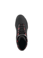 Buty Alpinestars Sektor Waterproof, buty motocyklowe, czarne, ciemnoszare i czerwone fluo, widok z góry ukazujący czarne sznurowadła z neonowymi czerwonymi akcentami, teksturowany nosek do zmiany biegów i smukła konstrukcja z mikrofibry