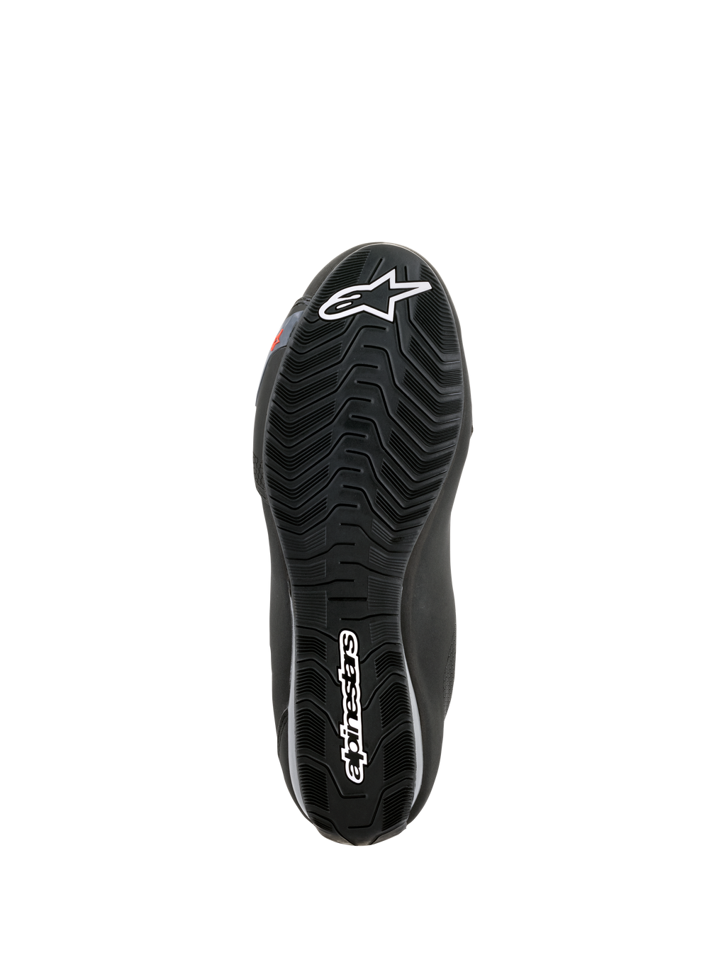 Alpinestars Sektor Waterproof Shoes, widok spodu podeszwy, czarna guma z falistym wzorem bieżnika do odprowadzania wody, białe logo Astars i branding Alpinestars, zaprojektowane pod kątem przyczepności i wsparcia na podnóżkach motocyklowych