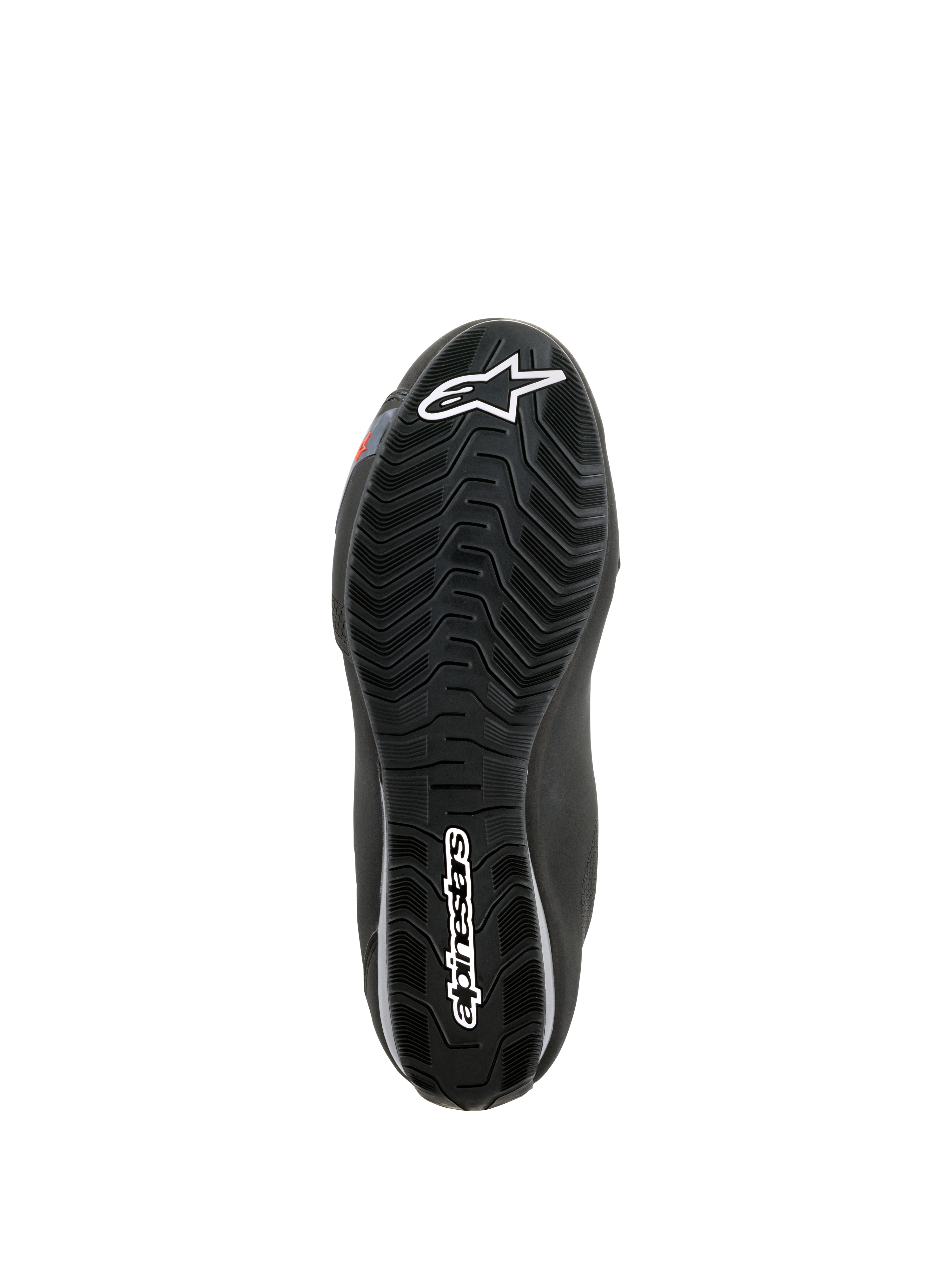 Alpinestars Sektor Waterproof Shoes, widok spodu podeszwy, czarna guma z falistym wzorem bieżnika do odprowadzania wody, białe logo Astars i branding Alpinestars, zaprojektowane pod kątem przyczepności i wsparcia na podnóżkach motocyklowych
