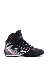 Alpinestars Sektor Waterproof Shoes, Motorcycle Riding Shoes, Black White and Gray with red accents, profile view featuring white Alpinestars logo and waterproof membrane branding, lightweight microfiber construction, sleek athletic design for all-weather road performance