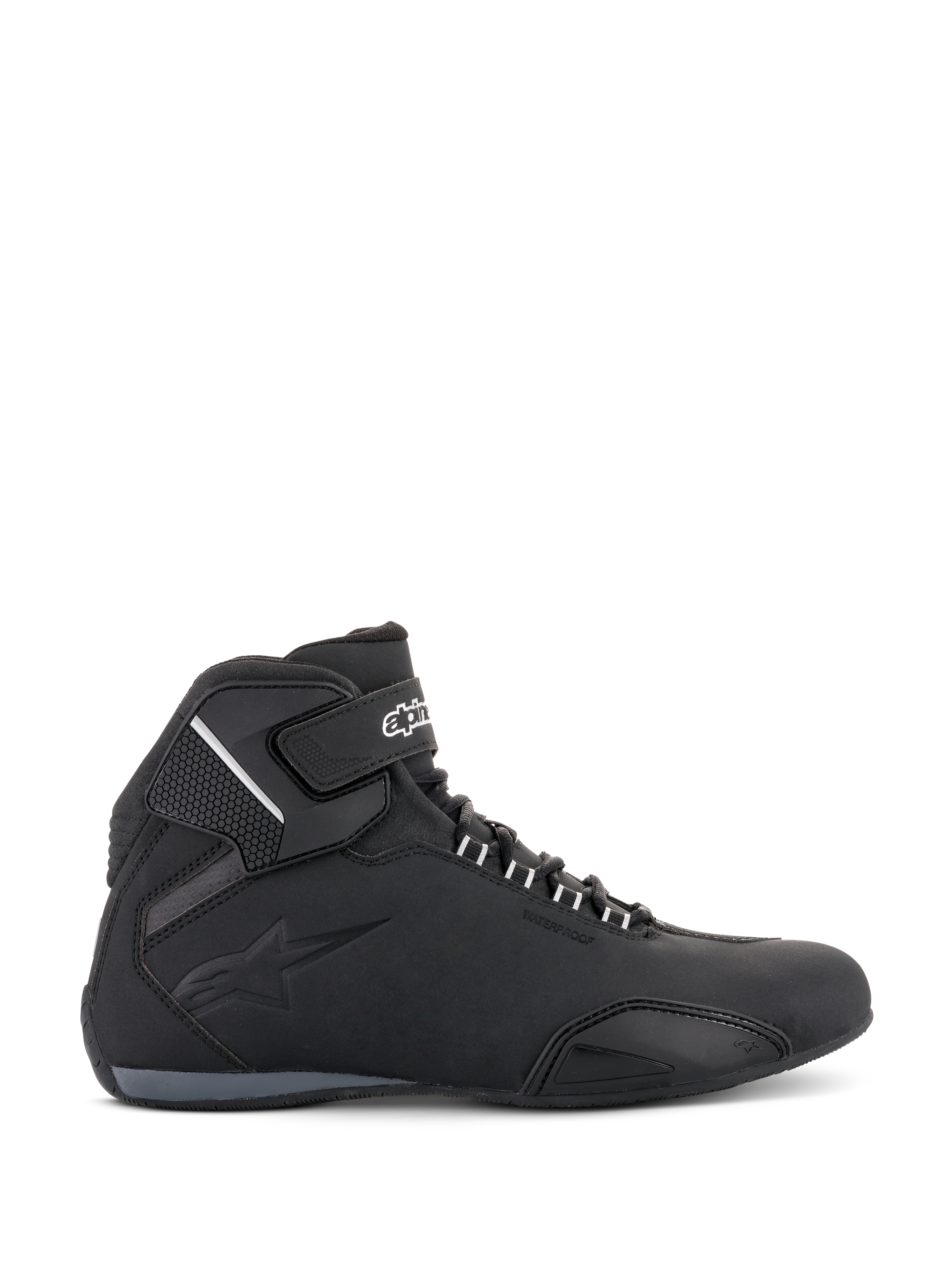 Alpinestars Sektor Waterproof Shoes, Motorcycle Riding Shoes, Black, side profile view, sleek microfiber chassis with waterproof membrane, reinforced toe-box, and secure hook-and-loop ankle strap