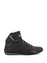 Alpinestars Sektor Waterproof Shoes, Motorcycle Riding Shoes, Black, side profile view featuring a lightweight microfiber chassis, ankle strap with white branding, embossed logo, and low-cut athletic design for road riding.