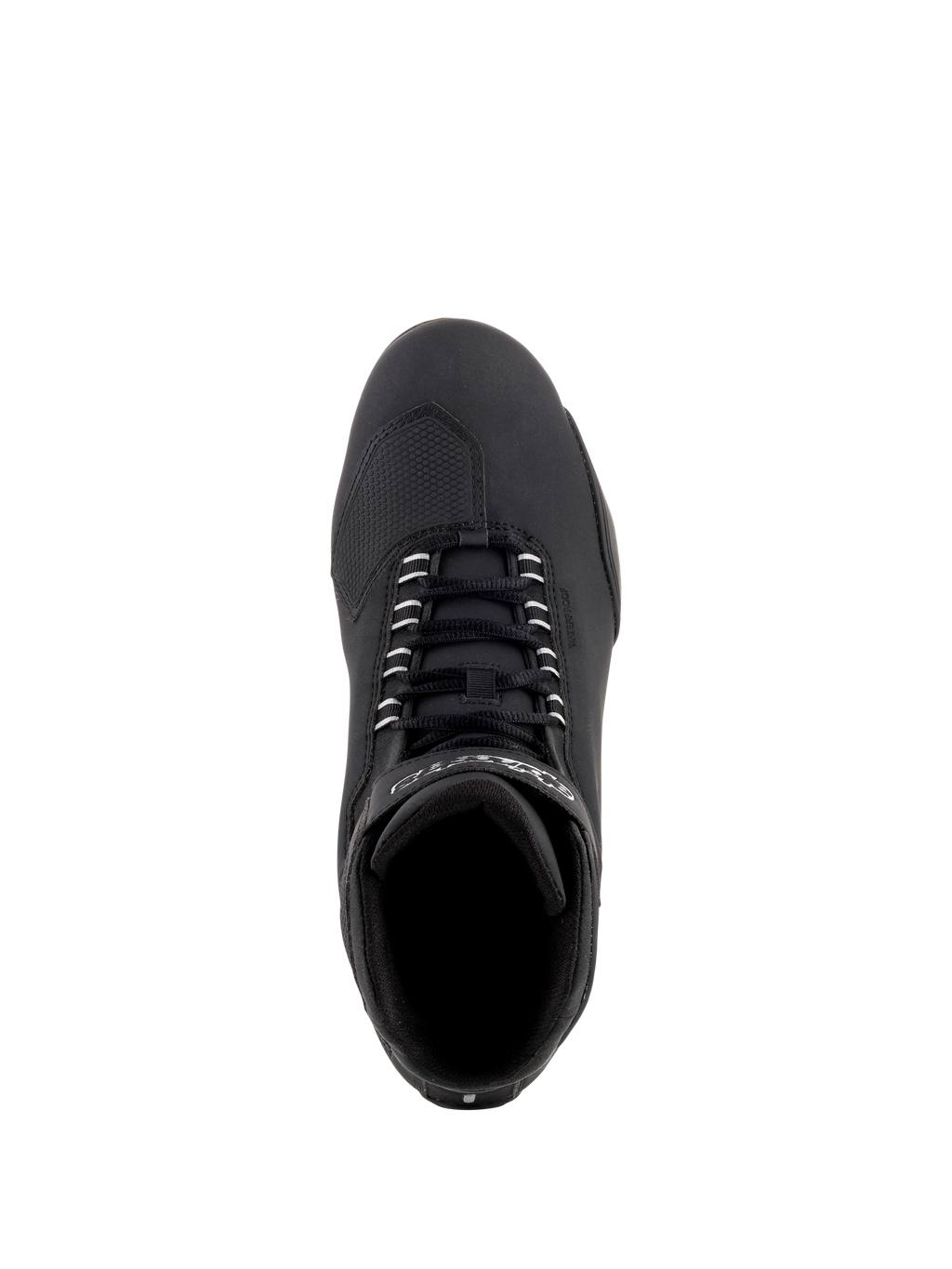 Buty Alpinestars Sektor Waterproof, czarne buty motocyklowe, widok z góry pokazujący czarne sznurowadła i wzmocniony nosek, smukła konstrukcja z mikrofibry zapewniająca wydajność na drodze