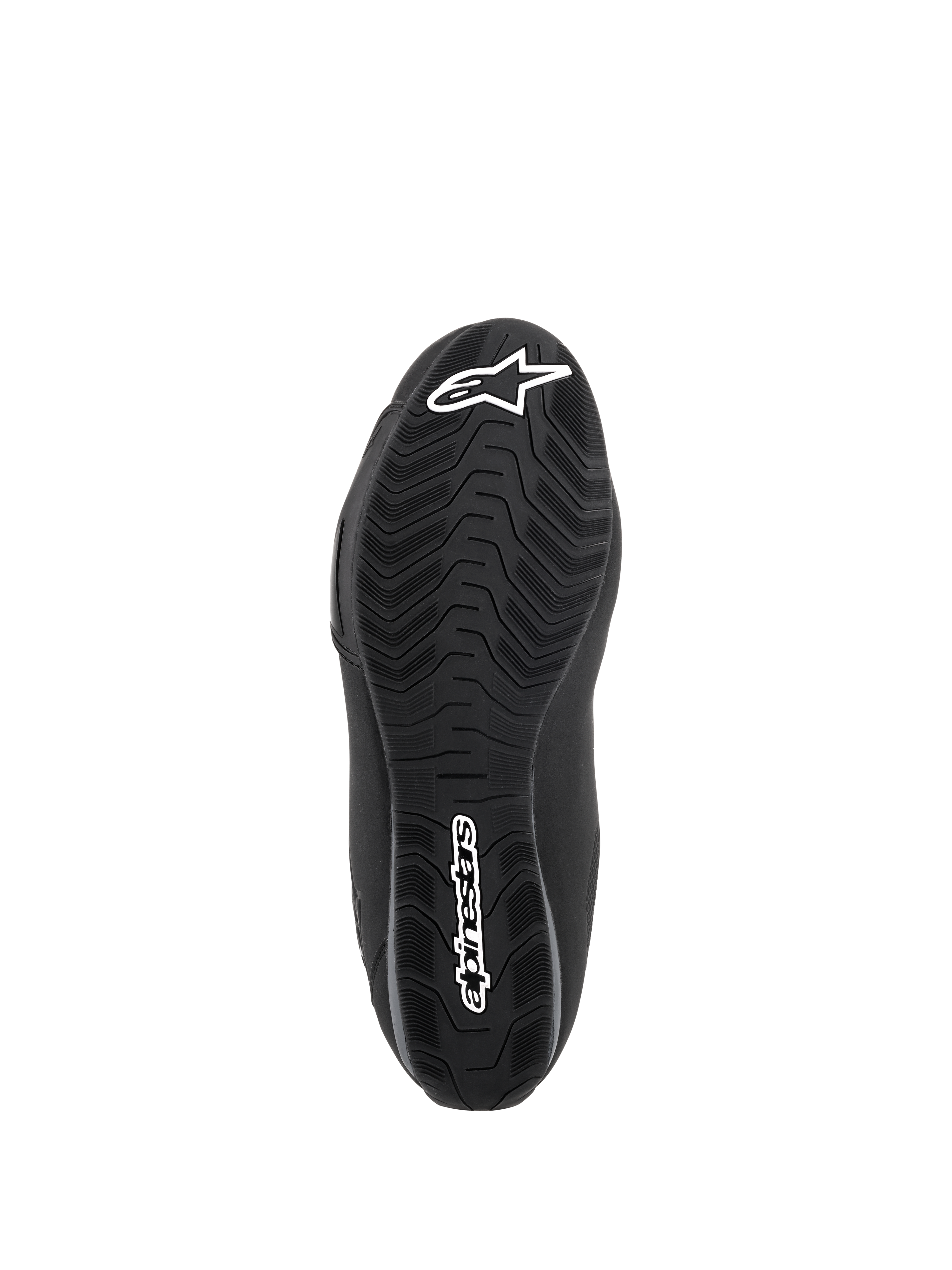 Buty Alpinestars Sektor Waterproof, czarne, widok od spodu na gumową podeszwę ze specjalistycznym bieżnikiem ułatwiającym odprowadzanie wody i zapewniającym przyczepność, białe logo gwiazdy i logotyp Alpinestars