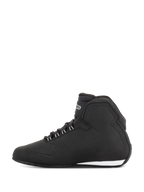 Alpinestars Stella Sektor Waterproof Shoes, Women's Riding Shoes, Black Silver, side profile view featuring a lightweight microfiber upper, speed lace system with silver accents, and sleek waterproof construction with integrated protection panels.