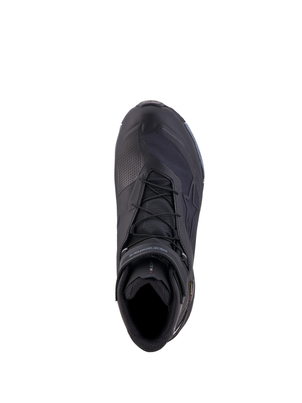 Alpinestars Cr X Gore Tex Buty, wodoodporne buty motocyklowe, czarne i ciemnoszare, widok z góry pokazujący system sznurowania i konstrukcję ochronną