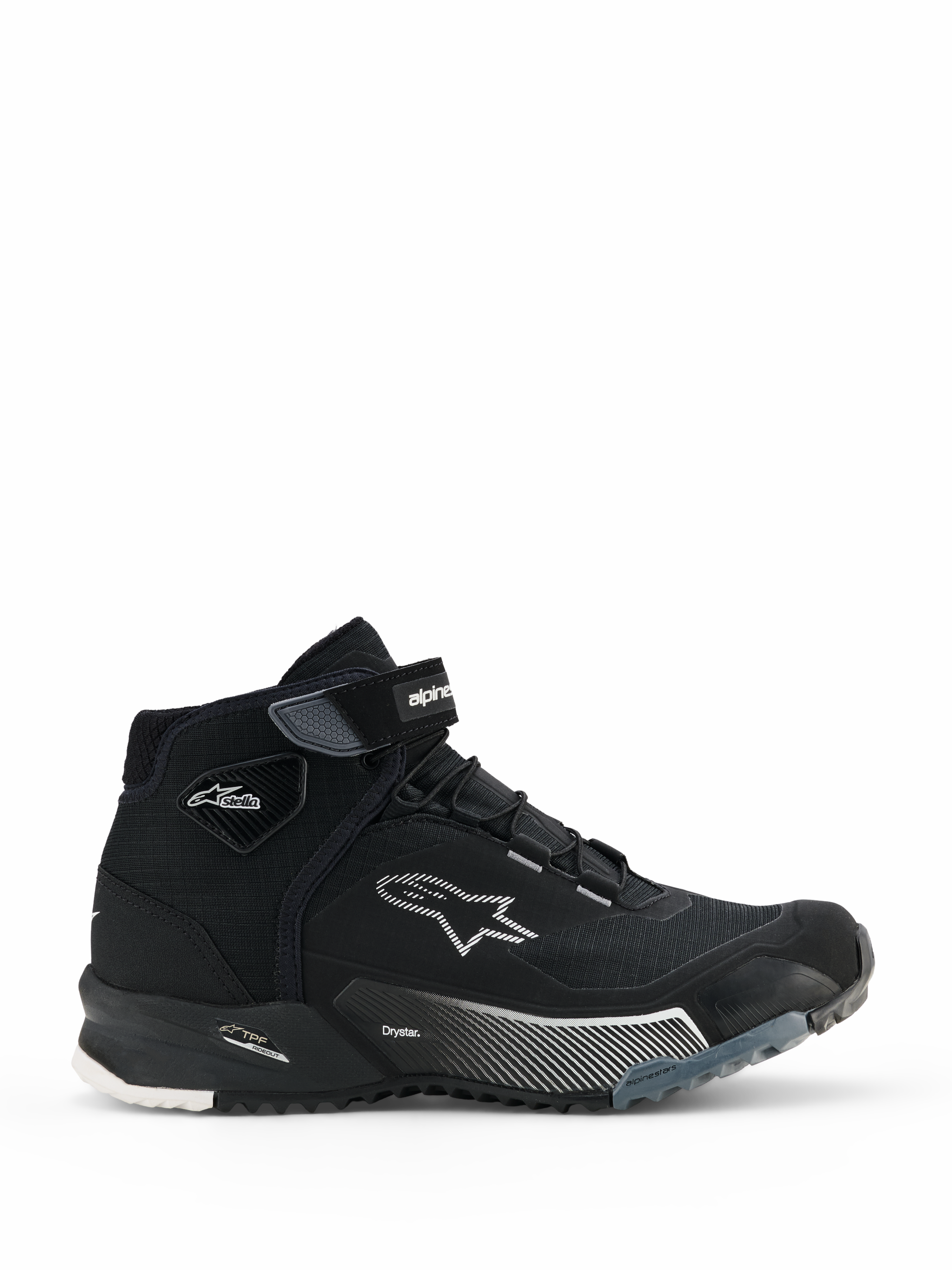 Damskie buty motocyklowe Alpinestars CR-X Drystar, czarne wysokie sneakersy motocyklowe, widok z boku damskiego obuwia do jazdy miejskiej ze sznurowaniem i paskiem na rzep na kostce, białe logo gwiazdy Alpinestars, oznaczenia „Drystar” i „TPF” na podeszwie środkowej, wytrzymała gumowa podeszwa z białymi i szarymi wzorami.