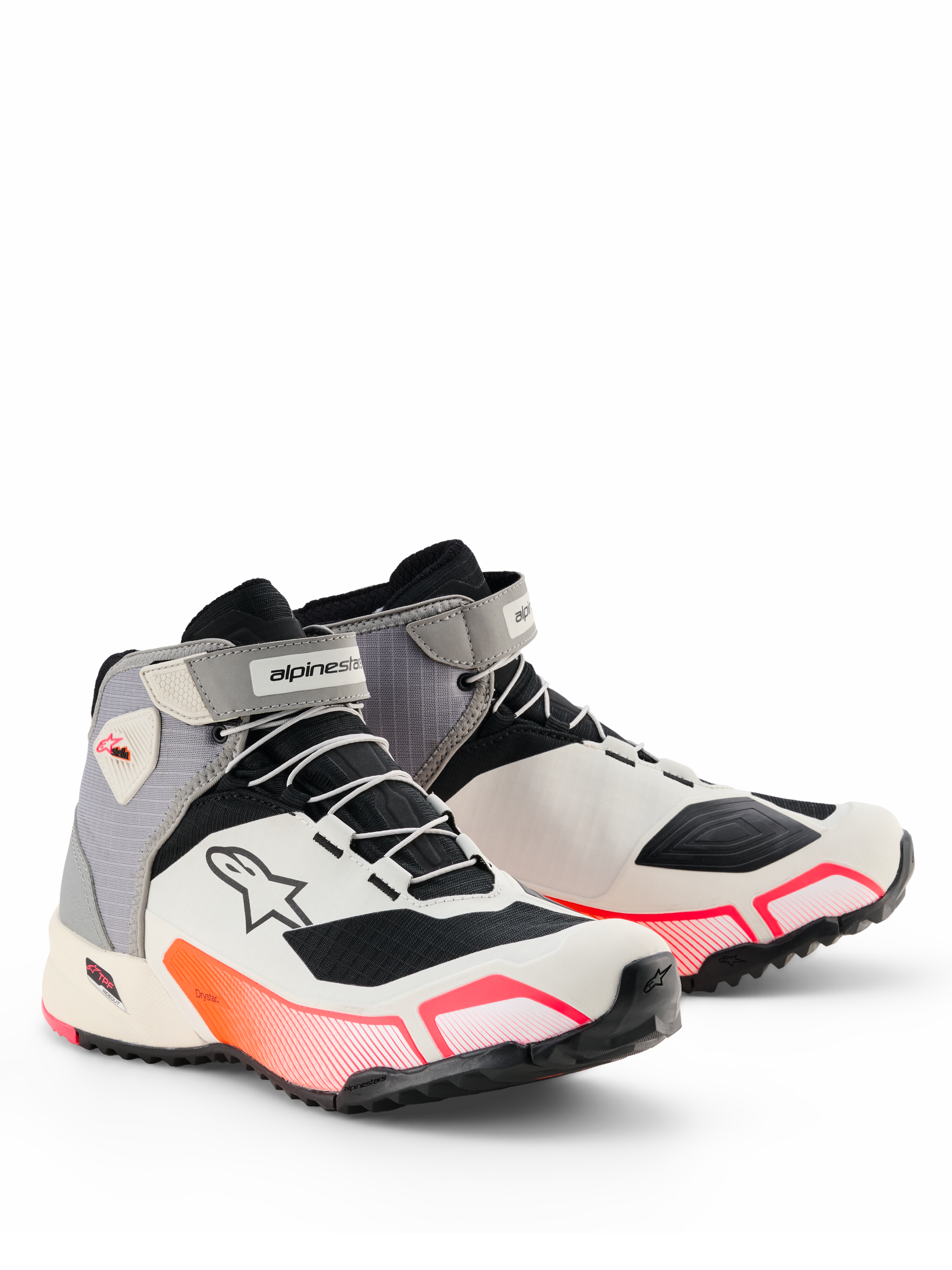 Alpinestars CR-X Women's Drystar® Riding Shoes, damskie buty motocyklowe, białe, szare i czarne z jaskrawymi różowymi akcentami, smukła sportowa sylwetka, paski z rzepem na kostce, logo Astar z boku, wodoodporne obuwie ochronne do jazdy szosowej