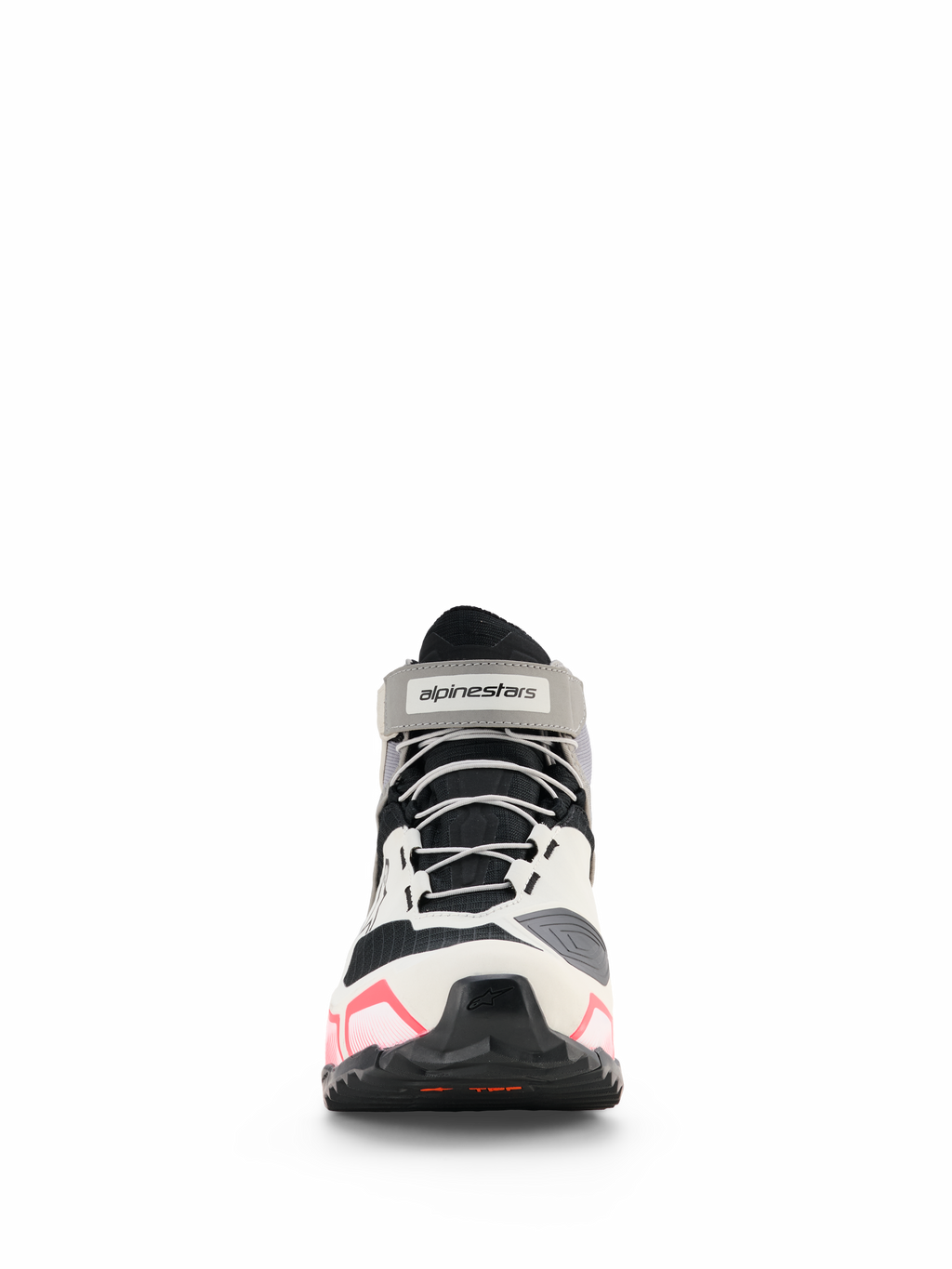 Alpinestars CR-X Women's Drystar® Riding Shoes, damskie buty motocyklowe, białe, szare i czarne z różowymi akcentami, widok z przodu z szarymi sznurowadłami i markowym paskiem na kostce, sportowy design z różowymi detalami na podeszwie, wodoodporne obuwie do jazdy