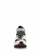 Alpinestars CR-X Women's Drystar® Riding Shoes, damskie buty motocyklowe, białe, szare i czarne z różowymi akcentami, widok z przodu z szarymi sznurowadłami i markowym paskiem na kostce, sportowy design z różowymi detalami na podeszwie, wodoodporne obuwie do jazdy