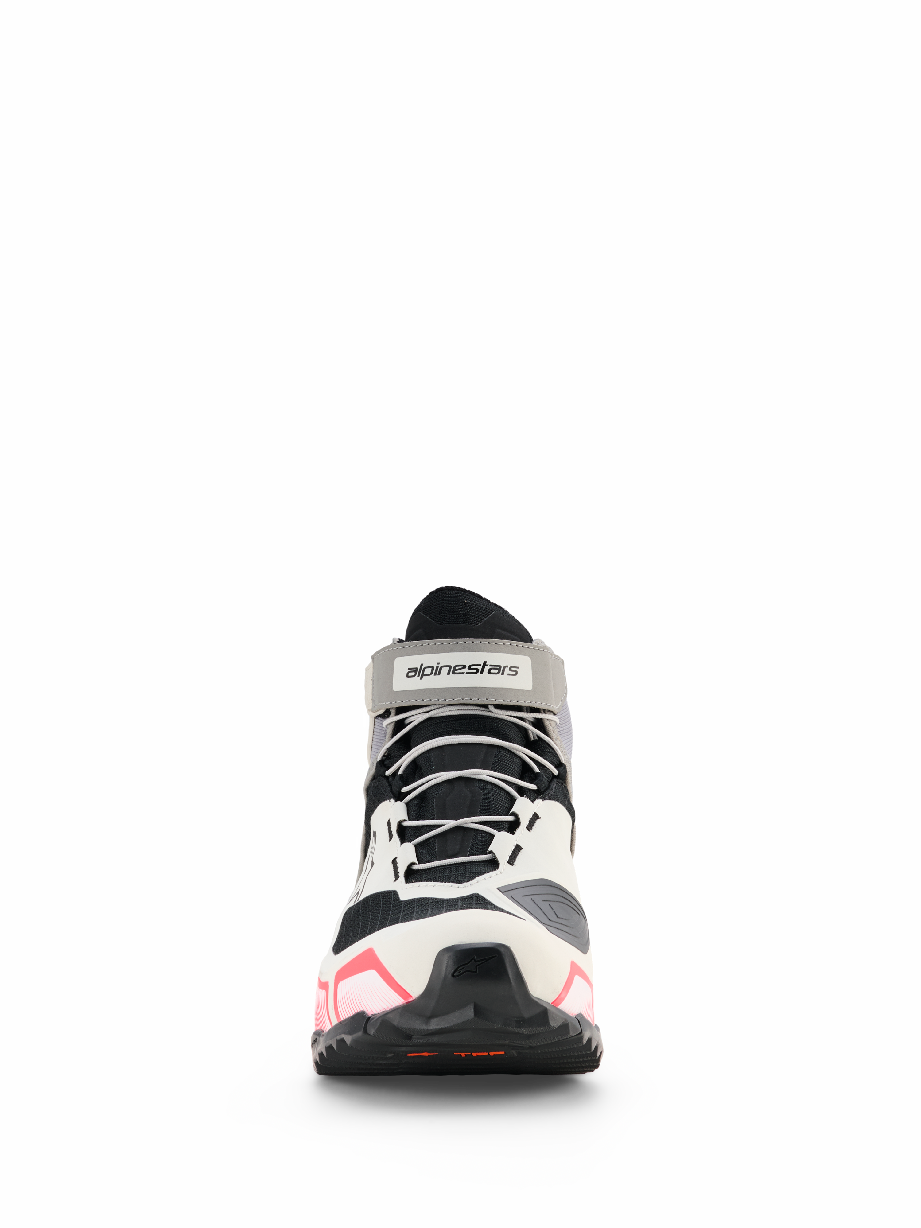 Alpinestars CR-X Women's Drystar® Riding Shoes, damskie buty motocyklowe, białe, szare i czarne z różowymi akcentami, widok z przodu z szarymi sznurowadłami i markowym paskiem na kostce, sportowy design z różowymi detalami na podeszwie, wodoodporne obuwie do jazdy