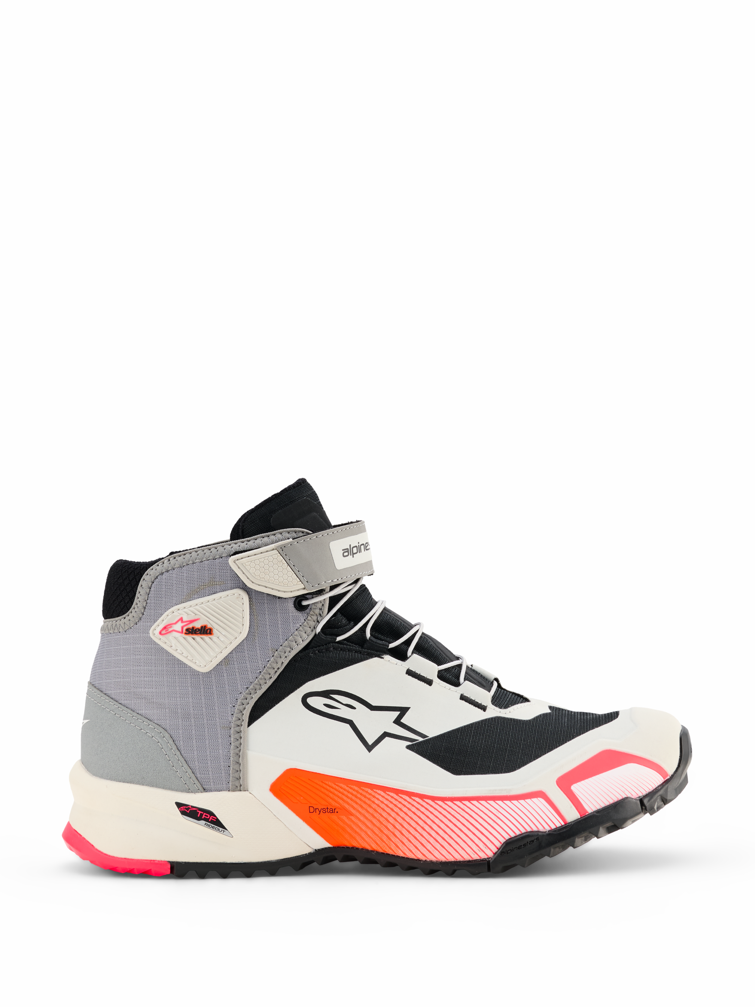 Alpinestars CR-X Women's Drystar Riding Shoes, damskie sneakersy motocyklowe za kostkę w kolorach białym, szarym, czarnym i Diva Pink, widok z boku pokazujący pasek na kostce, przyczepną podeszwę i sportowy design do miejskich dojazdów.