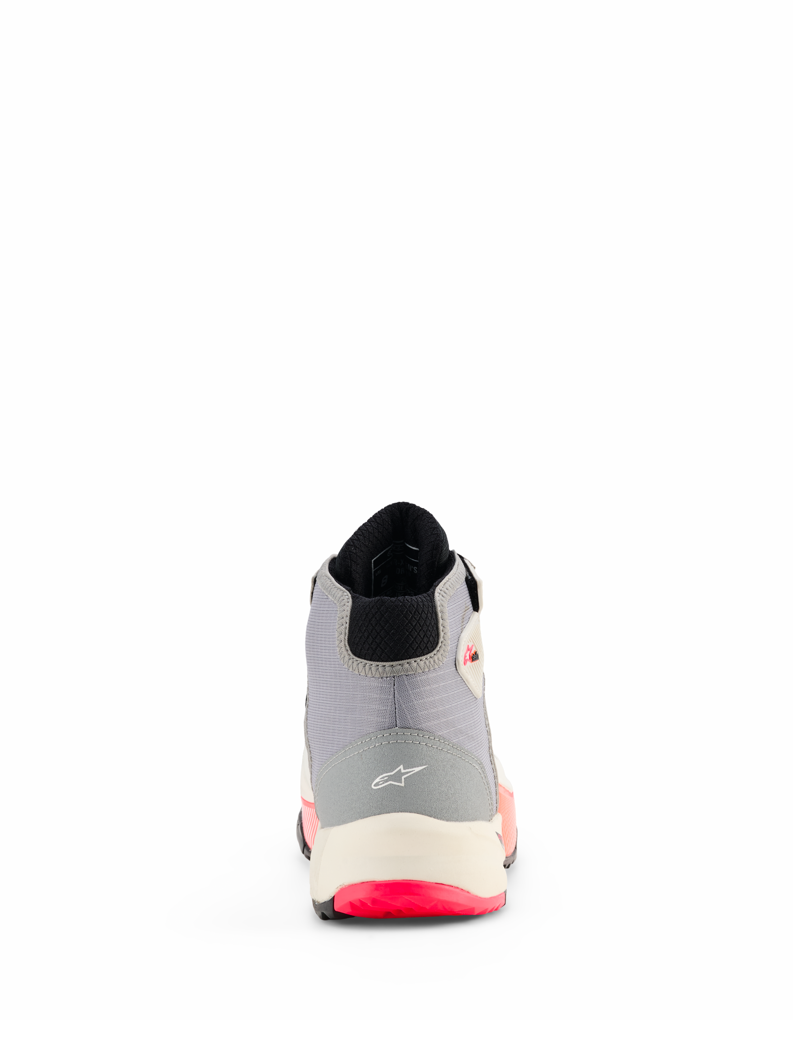 Damskie buty motocyklowe Alpinestars CR-X Drystar®, białe, szare i czarne z jaskraworóżowymi akcentami Diva Pink, widok z tyłu pokazujący konstrukcję pięty z logo Alpinestars, białą podeszwę środkową i różowe detale podeszwy zewnętrznej