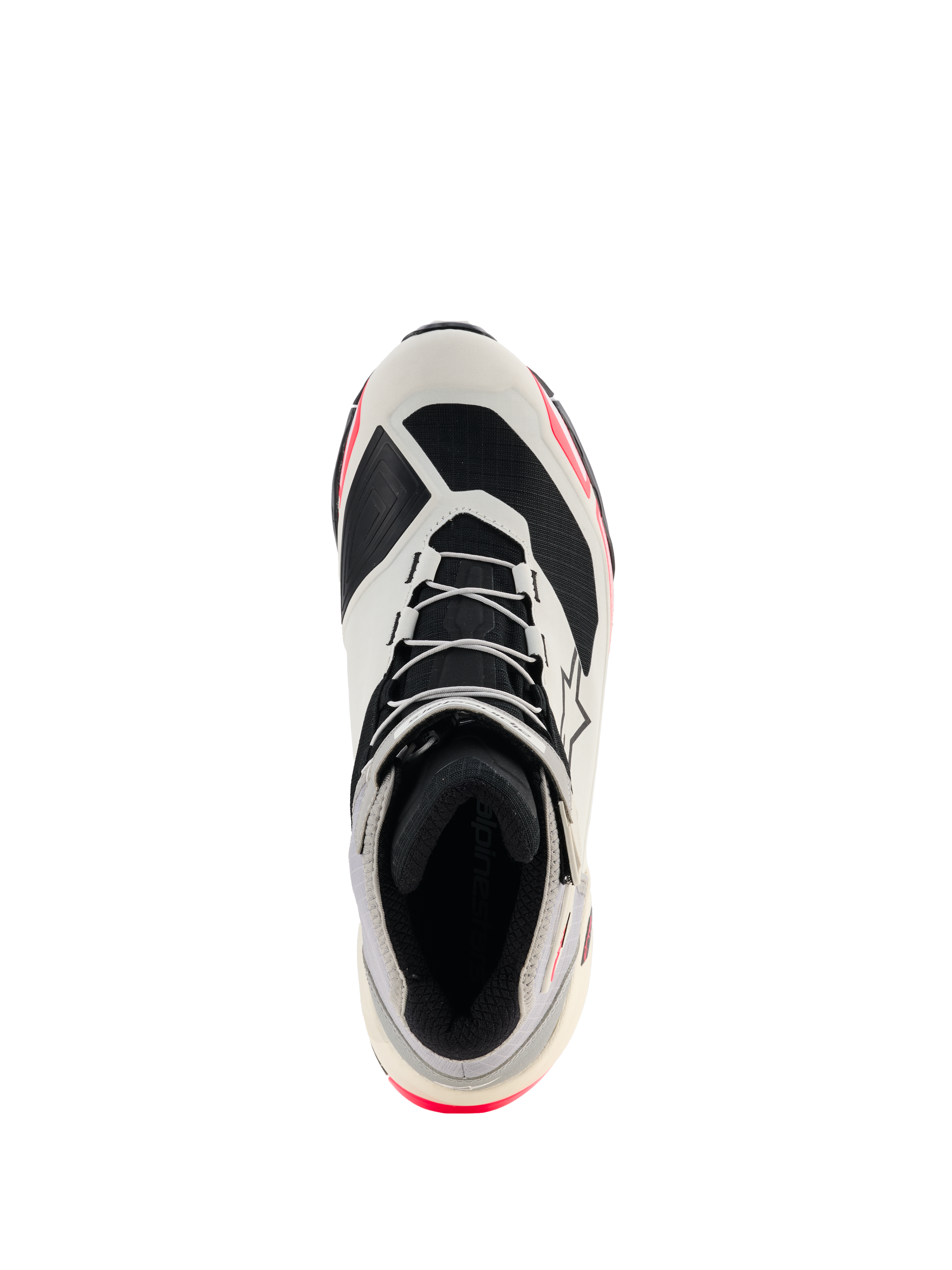 Damskie buty motocyklowe Alpinestars CR-X Drystar®, biało-szaro-czarne z różowymi akcentami Diva Pink, widok z góry podkreślający sznurowanie i wewnętrzną wyściółkę, design inspirowany butami do biegania, wodoodporne obuwie motocyklowe