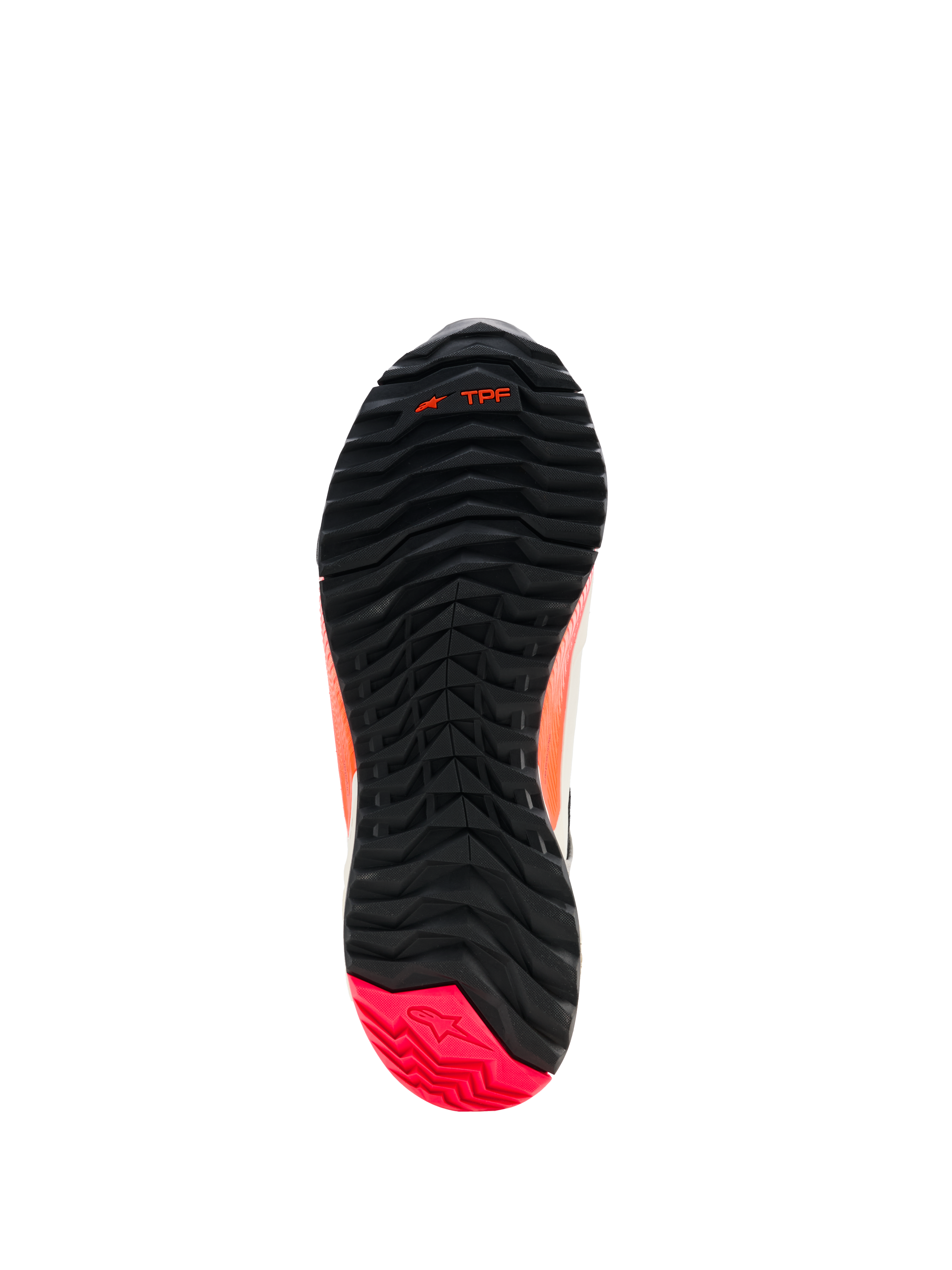 Alpinestars CR-X Women's Drystar® Riding Shoes, widok podeszwy, czarne z piętą Diva Pink, solidny bieżnik z asymetryczną konfiguracją kołków, rowki zginające w przedniej części stopy, branding TPF