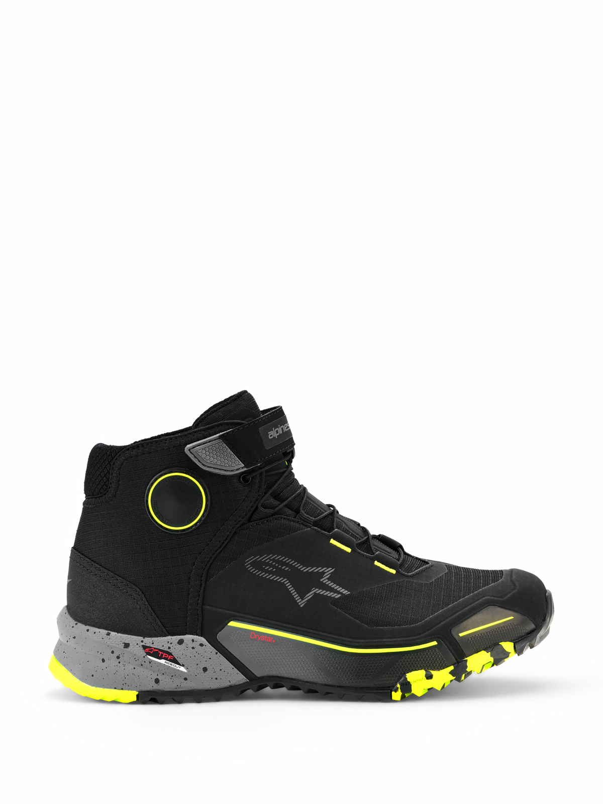 Alpinestars CR-X Drystar Riding Shoes, wysokie miejskie sneakersy motocyklowe, czarne z ciemnoszarą nakrapianą podeszwą środkową i żółtymi akcentami fluo, wodoodporna membrana Drystar, wytrzymała podeszwa z teksturą, ochronne obuwie motocyklowe w stylu casualowym