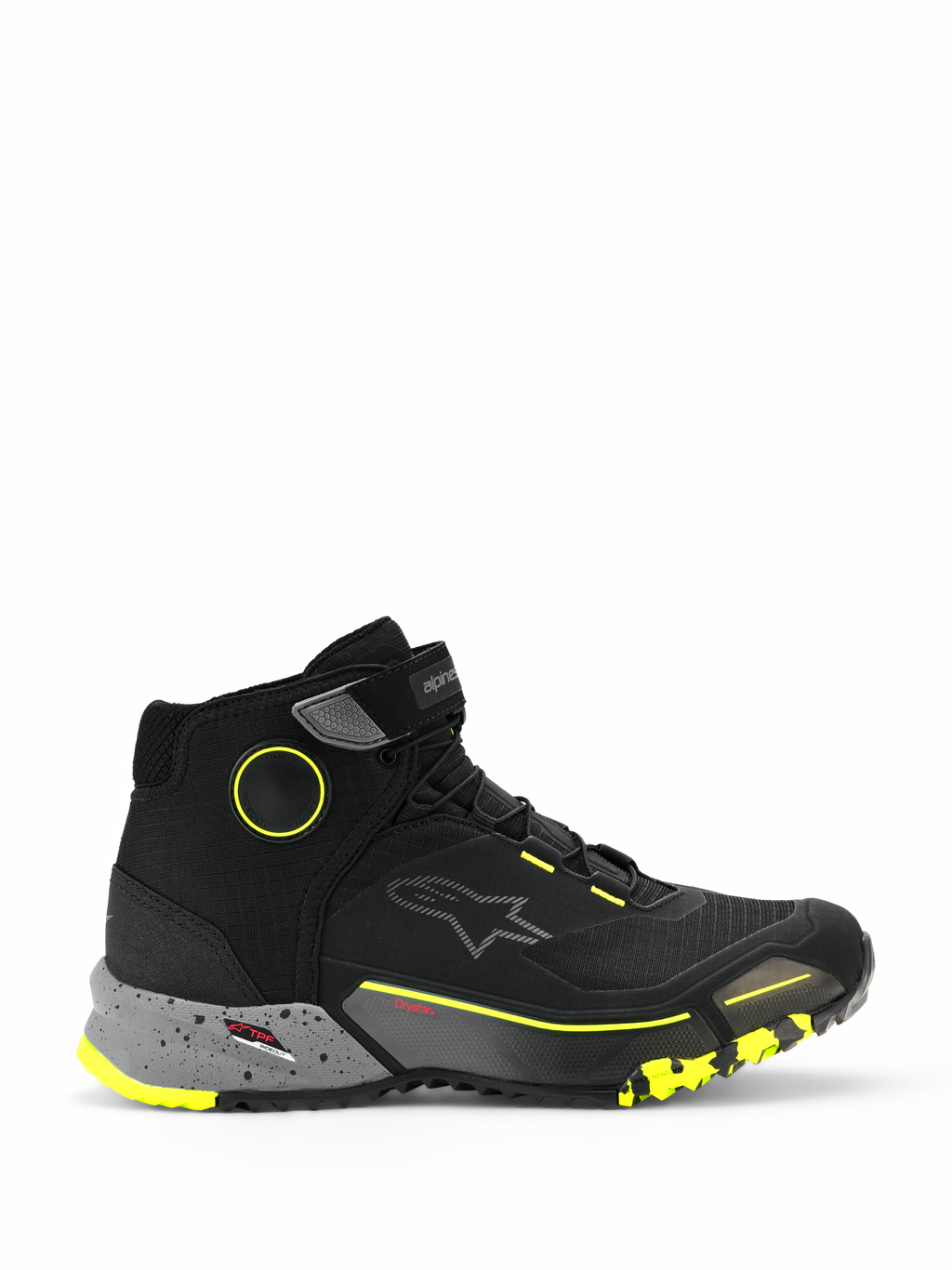 Alpinestars CR-X Drystar Riding Shoes, wysokie miejskie sneakersy motocyklowe, czarne z ciemnoszarą nakrapianą podeszwą środkową i żółtymi akcentami fluo, wodoodporna membrana Drystar, wytrzymała podeszwa z teksturą, ochronne obuwie motocyklowe w stylu casualowym