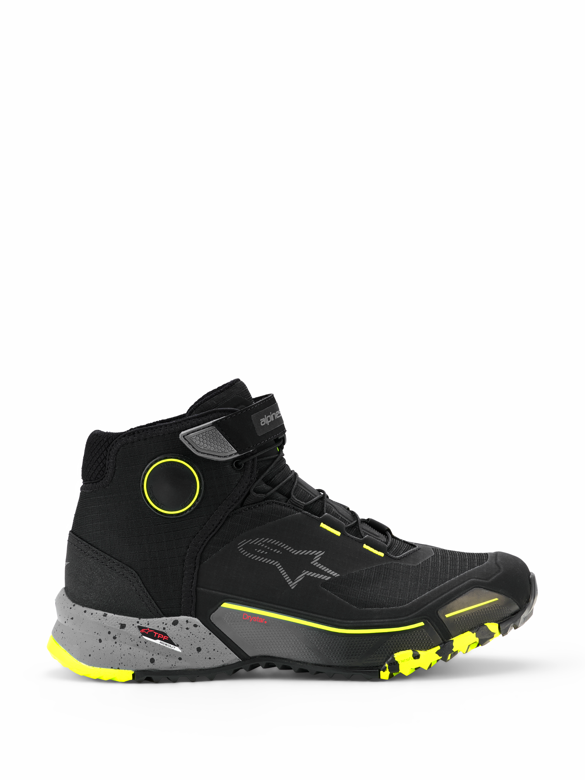 Alpinestars CR-X Drystar Riding Shoes, wysokie miejskie sneakersy motocyklowe, czarne z ciemnoszarą nakrapianą podeszwą środkową i żółtymi akcentami fluo, wodoodporna membrana Drystar, wytrzymała podeszwa z teksturą, ochronne obuwie motocyklowe w stylu casualowym