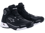 Alpinestars CR-X Drystar Riding Shoes in Black and White, athletic-style waterproof motorcycle shoes featuring a white outsole, black textile upper with white logo accents, and protective ankle discs.