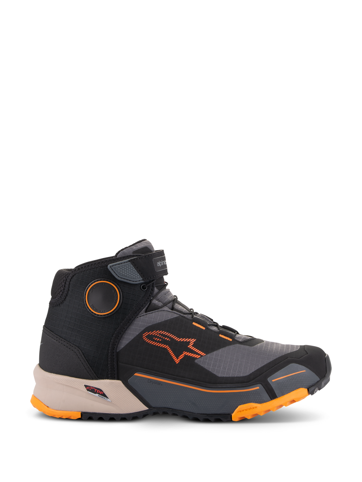 Buty motocyklowe Alpinestars CR-X Drystar®, miejskie buty motocyklowe, czarne, szare i pomarańczowe z jasnobrązową podeszwą środkową, wysoka konstrukcja z paskiem na rzep na kostce, jaskrawopomarańczowe logo i wytrzymała podeszwa z pomarańczowymi akcentami