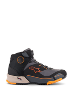Alpinestars CR-X Drystar® Riding Shoes, Motorcycle Urban Shoes, Black Gray and Orange with Light Brown midsole, high-top design with Velcro ankle strap, featuring bright orange branding and rugged sole with orange accents