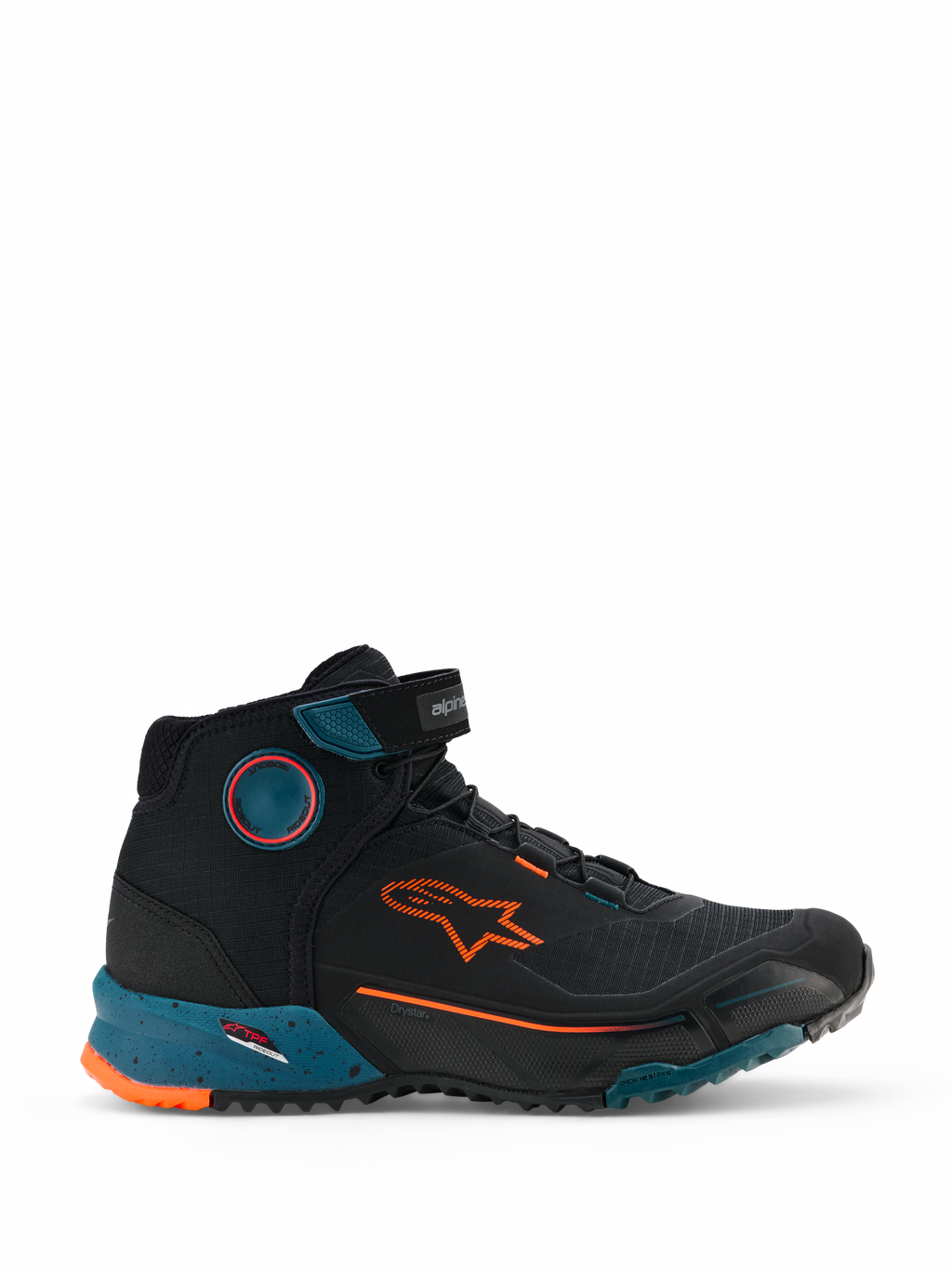 Alpinestars CR-X Drystar Riding Shoes, miejskie buty motocyklowe, kolor czarny, Petrol i Orange Fluo, wysoki fason w stylu sneakersów z pomarańczowym logo Alpinestars, morska nakrapiana podeszwa środkowa i wytrzymała wodoodporna konstrukcja.