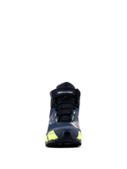 Alpinestars CR-X Drystar® Riding Shoes, Motorcycle Riding Shoes, Black Dark Blue and Yellow Fluo, front view, featuring a velcro strap with alpinestars branding, black laces, and vibrant yellow accents, athletic-inspired design for all-day comfort.