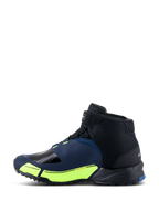 Alpinestars CR-X Drystar® Riding Shoes, Motorcycle Riding Shoes, Black Dark Blue and Yellow Fluo, side profile featuring a running shoe silhouette, waterproof Drystar membrane, fluorescent yellow midsole accents, and reinforced toe and heel for protection.