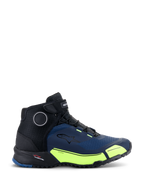 Alpinestars CR-X Drystar® Riding Shoes, Motorcycle Riding Shoes, Black Dark Blue and Yellow Fluo, athletic design featuring black laces and velcro top strap, bright yellow accents on the midsole with Drystar branding, Alpinestars star logo on the side, technical footwear for urban riding