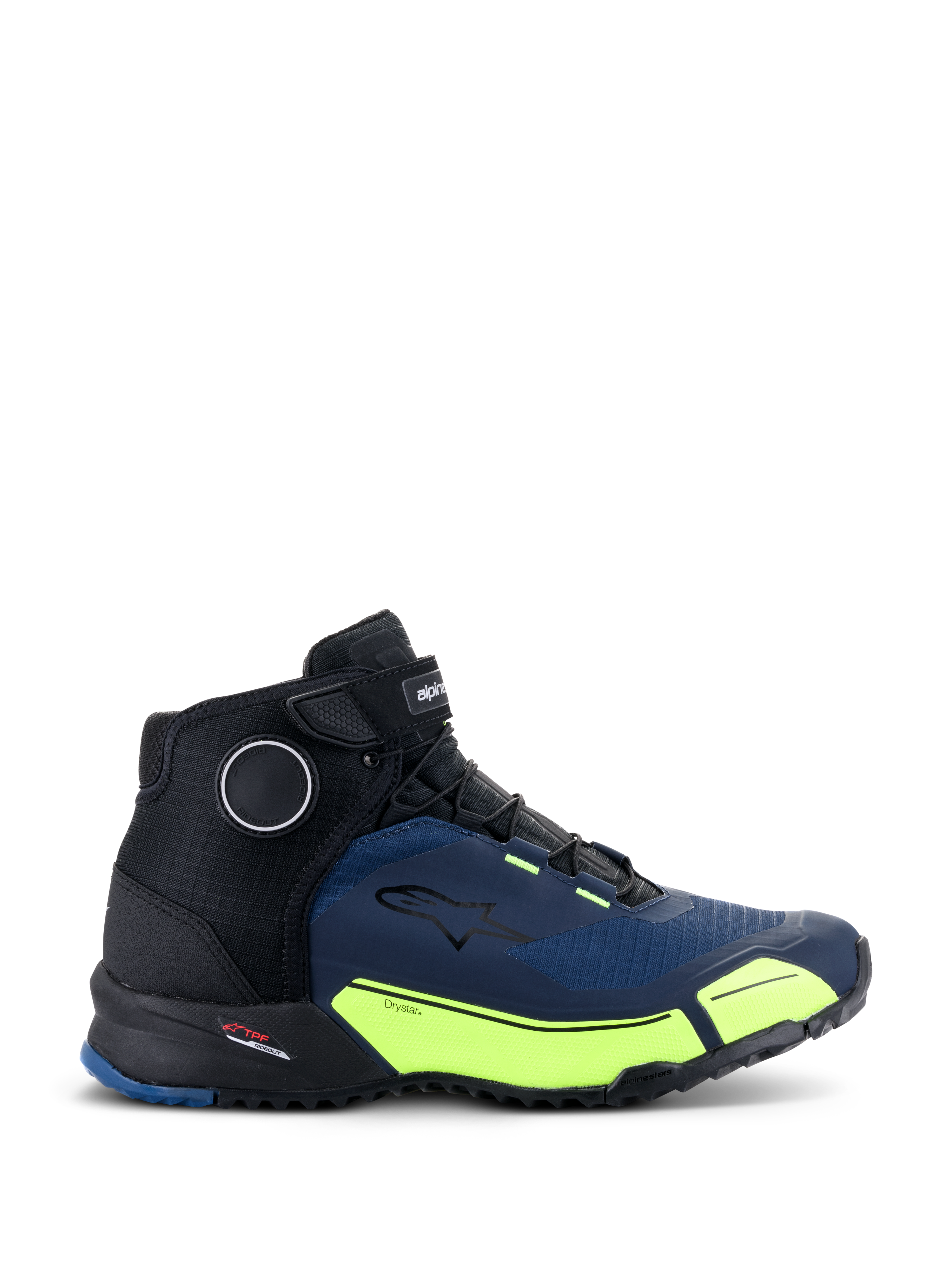 Buty motocyklowe Alpinestars CR-X Drystar®, czarne, granatowe i żółte fluo, sportowy design z czarnymi sznurowadłami i paskiem na rzep, jaskrawożółte akcenty na podeszwie środkowej z logo Drystar, logo gwiazdy Alpinestars z boku, techniczne obuwie do jazdy miejskiej