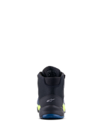 Alpinestars CR-X Drystar® Riding Shoes, Motorcycle Riding Shoes, Black Dark Blue and Yellow Fluo, rear view highlighting the heel logo and blue outsole, waterproof performance with yellow fluorescent accents