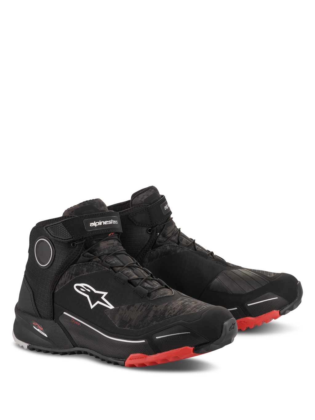 Buty motocyklowe Alpinestars CR-X Drystar, obuwie motocyklowe, kolor Black Camo Red, wysoka sportowa konstrukcja z wodoodporną membraną, białe logo Astars z boku, czerwone akcenty na zewnętrznej podeszwie i nosku, styl miejski i adventure touring