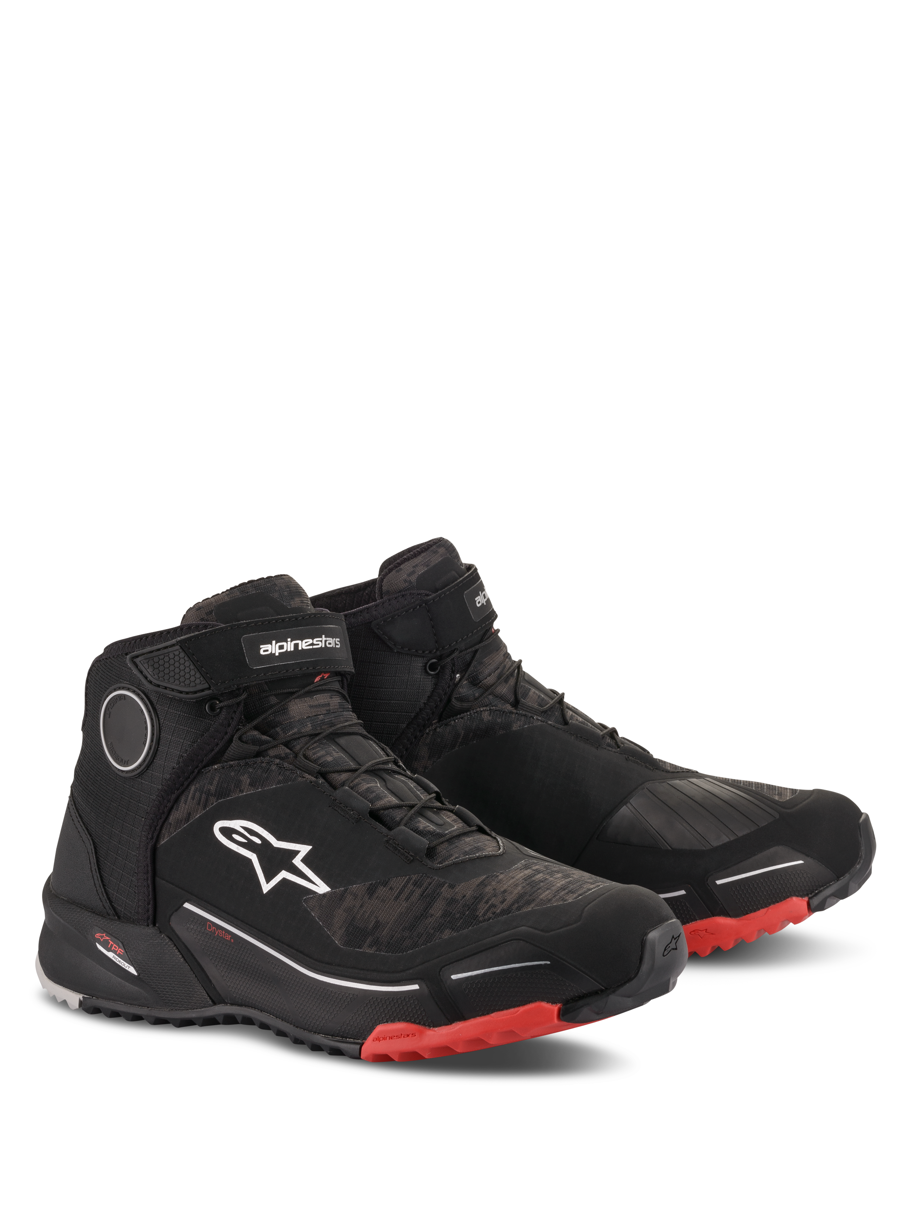 Buty motocyklowe Alpinestars CR-X Drystar, obuwie motocyklowe, kolor Black Camo Red, wysoka sportowa konstrukcja z wodoodporną membraną, białe logo Astars z boku, czerwone akcenty na zewnętrznej podeszwie i nosku, styl miejski i adventure touring