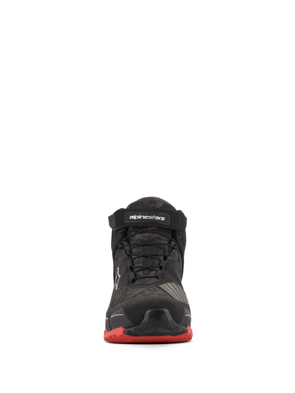 Alpinestars CR-X Drystar® Riding Shoes, buty motocyklowe, czarne z motywem kamuflażu i czerwonymi akcentami, widok z przodu, czarny pasek na kostce z białym logo, czarne sznurowadła i czerwone akcenty na podeszwie