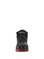 Alpinestars CR-X Drystar® Riding Shoes, buty motocyklowe, czarne z motywem kamuflażu i czerwonymi akcentami, widok z przodu, czarny pasek na kostce z białym logo, czarne sznurowadła i czerwone akcenty na podeszwie
